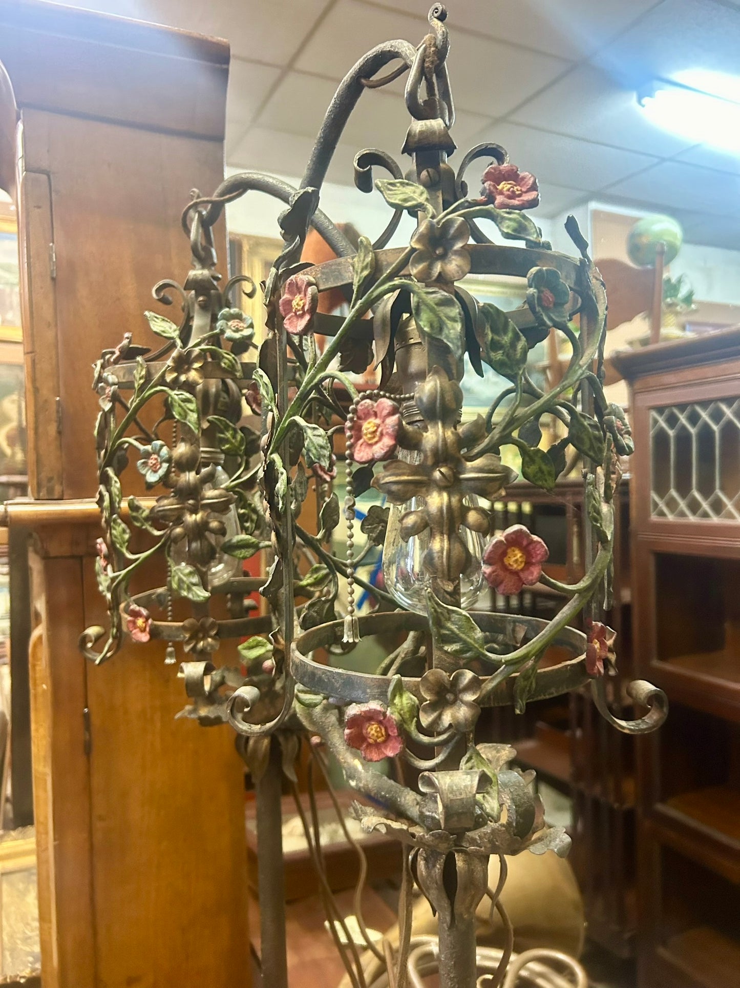 WROUGHT IRON DECO FLOOR LAMPS WITH FLOWERS PAIR