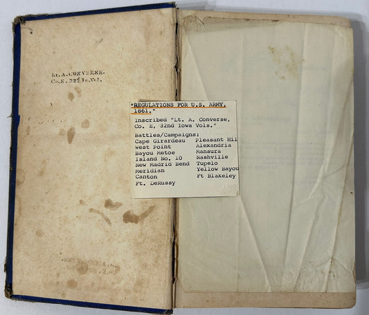 U.S. ARMY 1861 REGULATIONS BOOK WITH IDENTIFIED CIVIL WAR SOLDIER INSCRIPTIONS