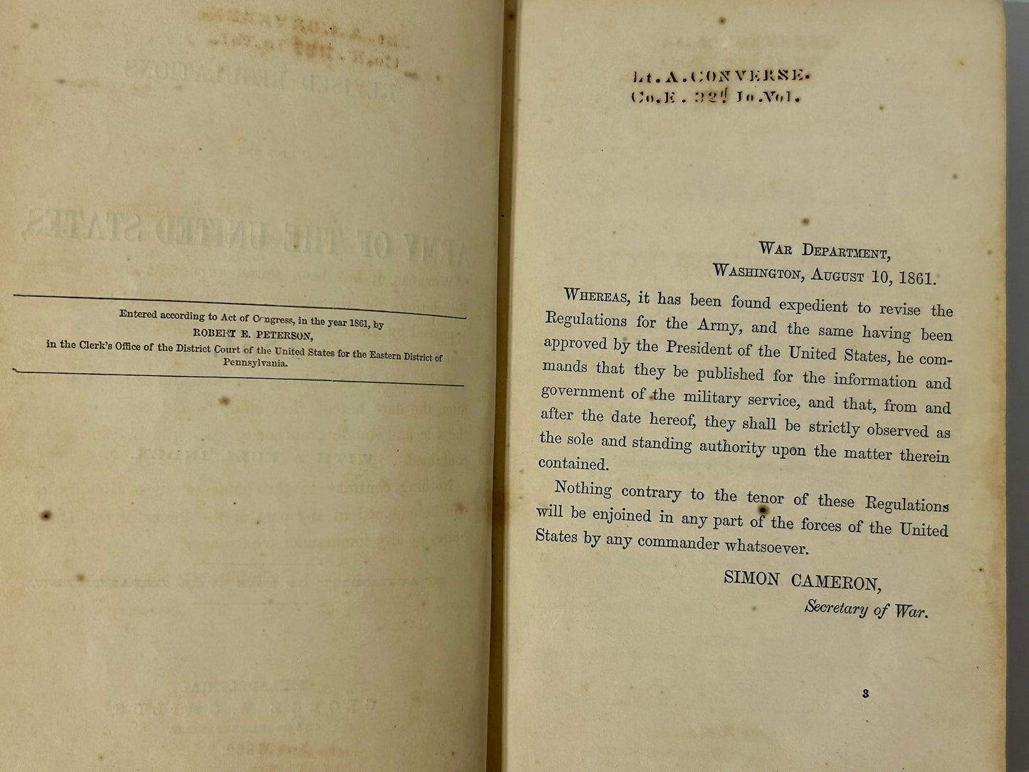 U.S. ARMY 1861 REGULATIONS BOOK WITH IDENTIFIED CIVIL WAR SOLDIER INSCRIPTIONS