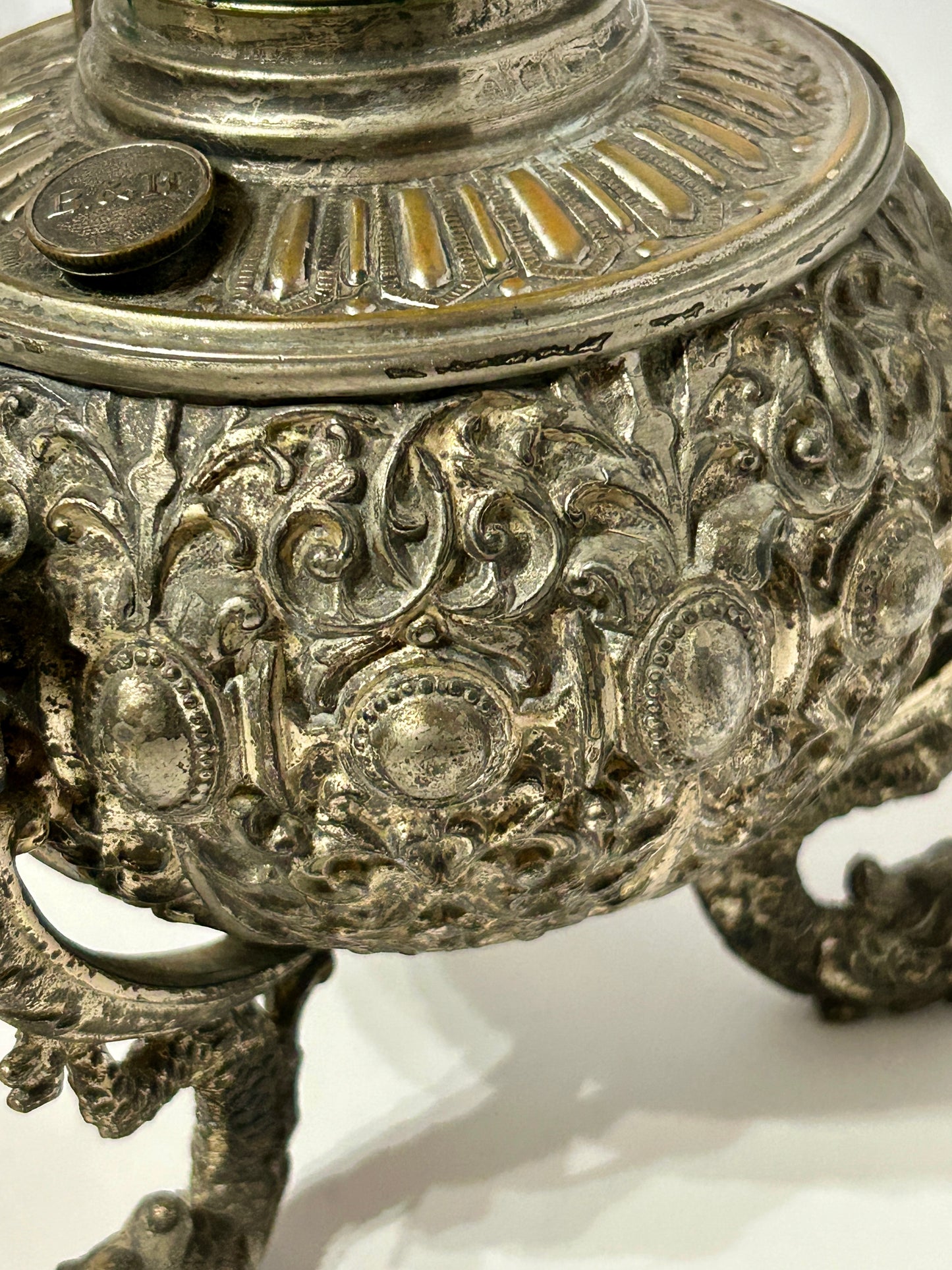 BRADLEY AND HUBBARD OIL LAMP BASE WITH FANCY EMBOSSED METAL DESIGN WITH SEA CREATURE LEGS