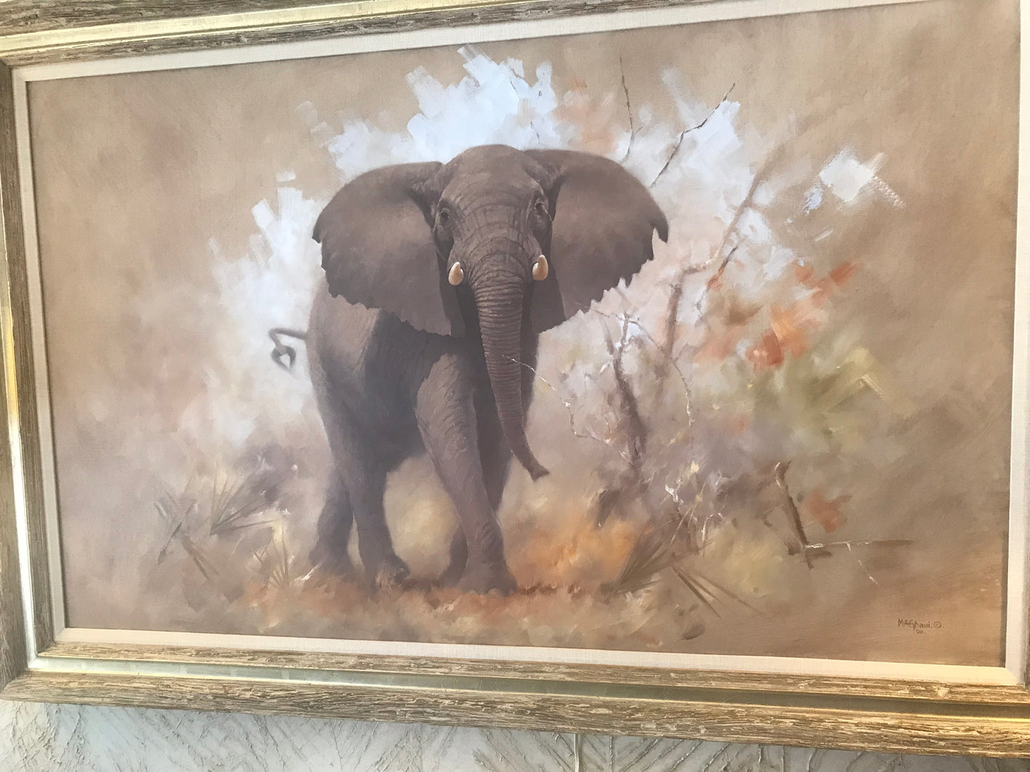 MICHAEL A. GHAUI BULL ELEPHANT LARGE PAINTING