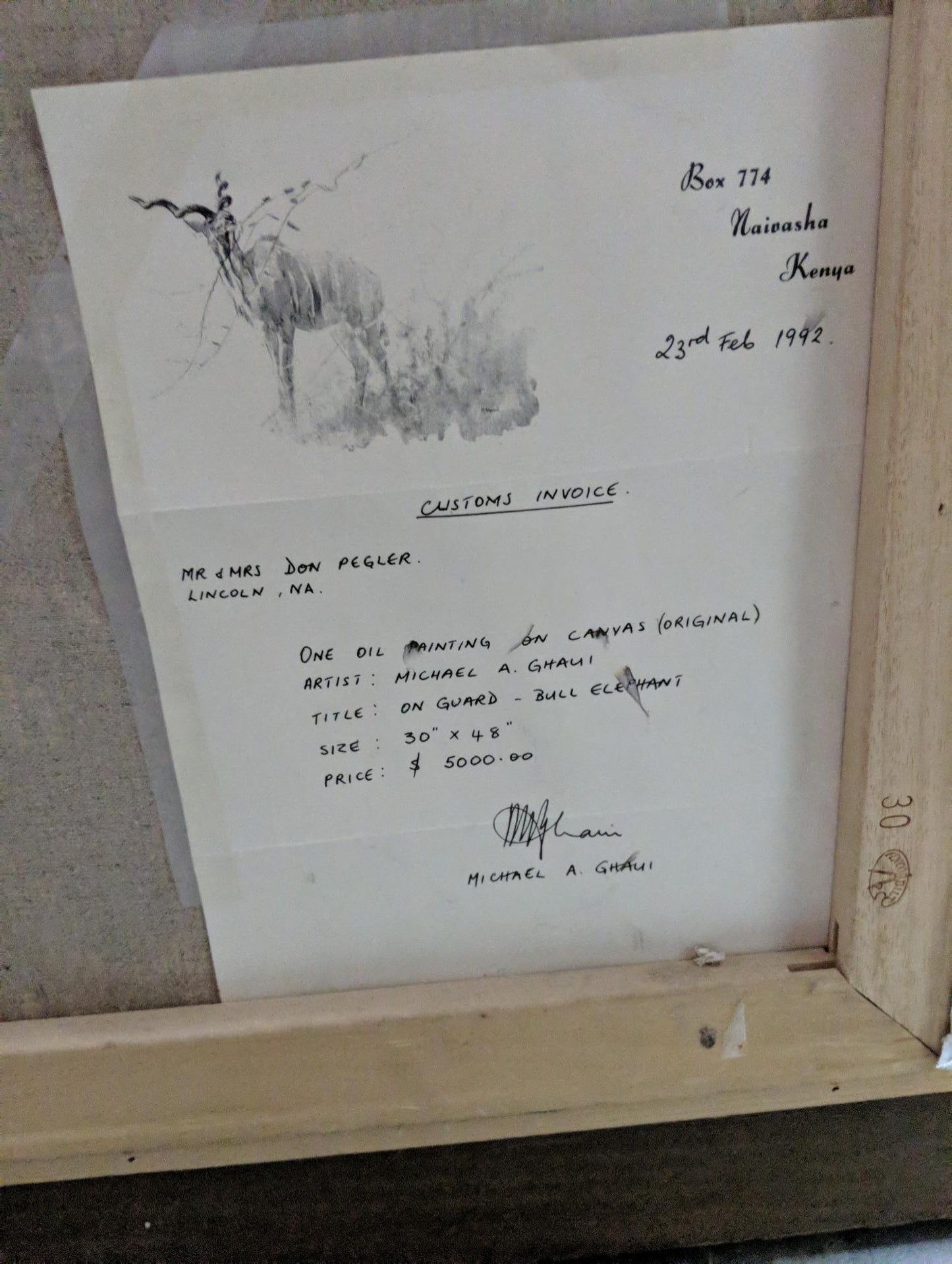 MICHAEL A. GHAUI BULL ELEPHANT LARGE PAINTING