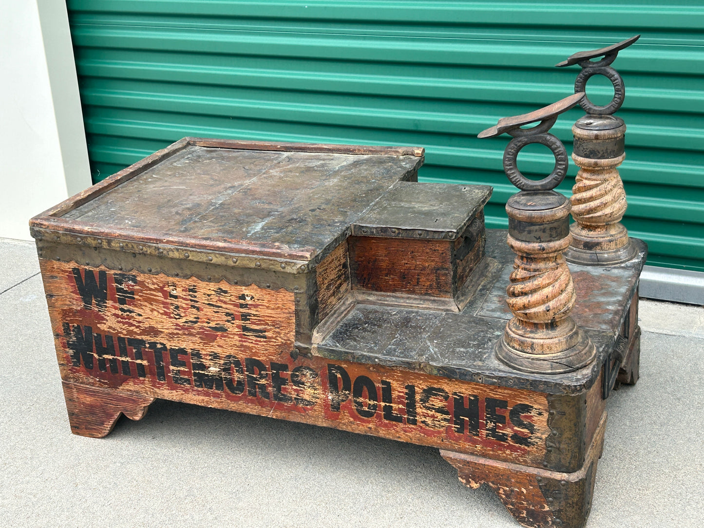 WHITTEMORE'S POLISH SHOE SHINE ADVERTISING STAND ANTIQUE, WOULD MAKE INTERESTING COFFEE TABLE