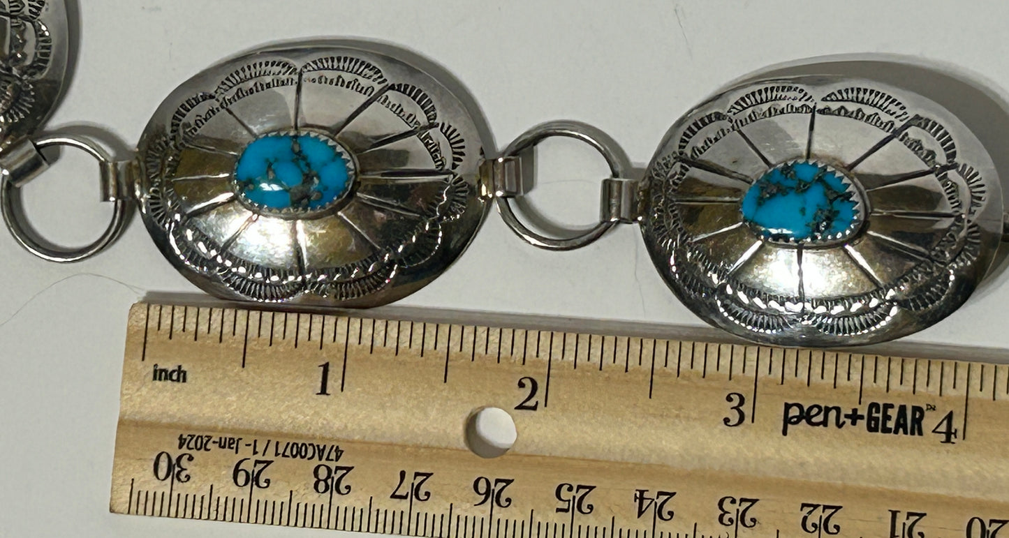 TURQUOISE AND SILVER NATIVE AMERICAN BELT MARKED I H M J