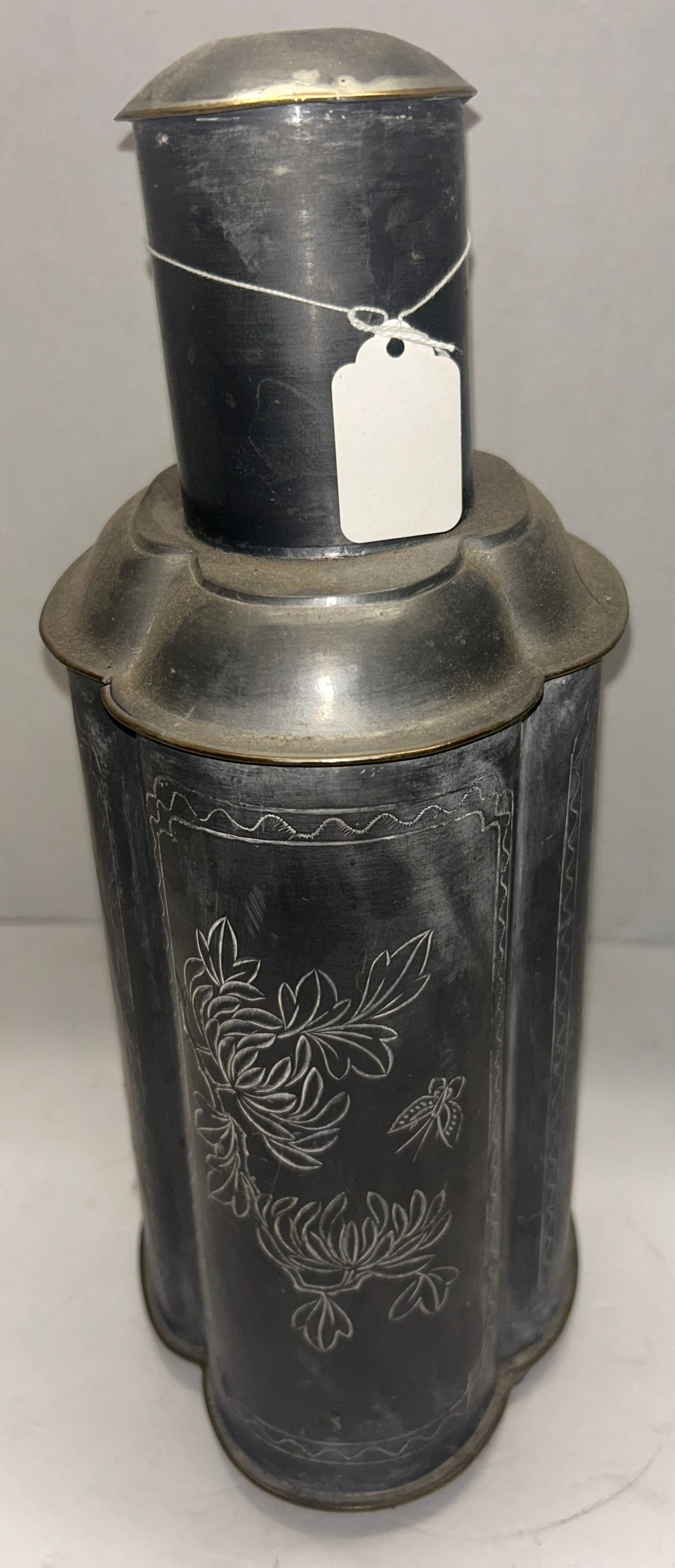 ORIENTAL ANTIQUE PEWTER LARGE TEA CADDY