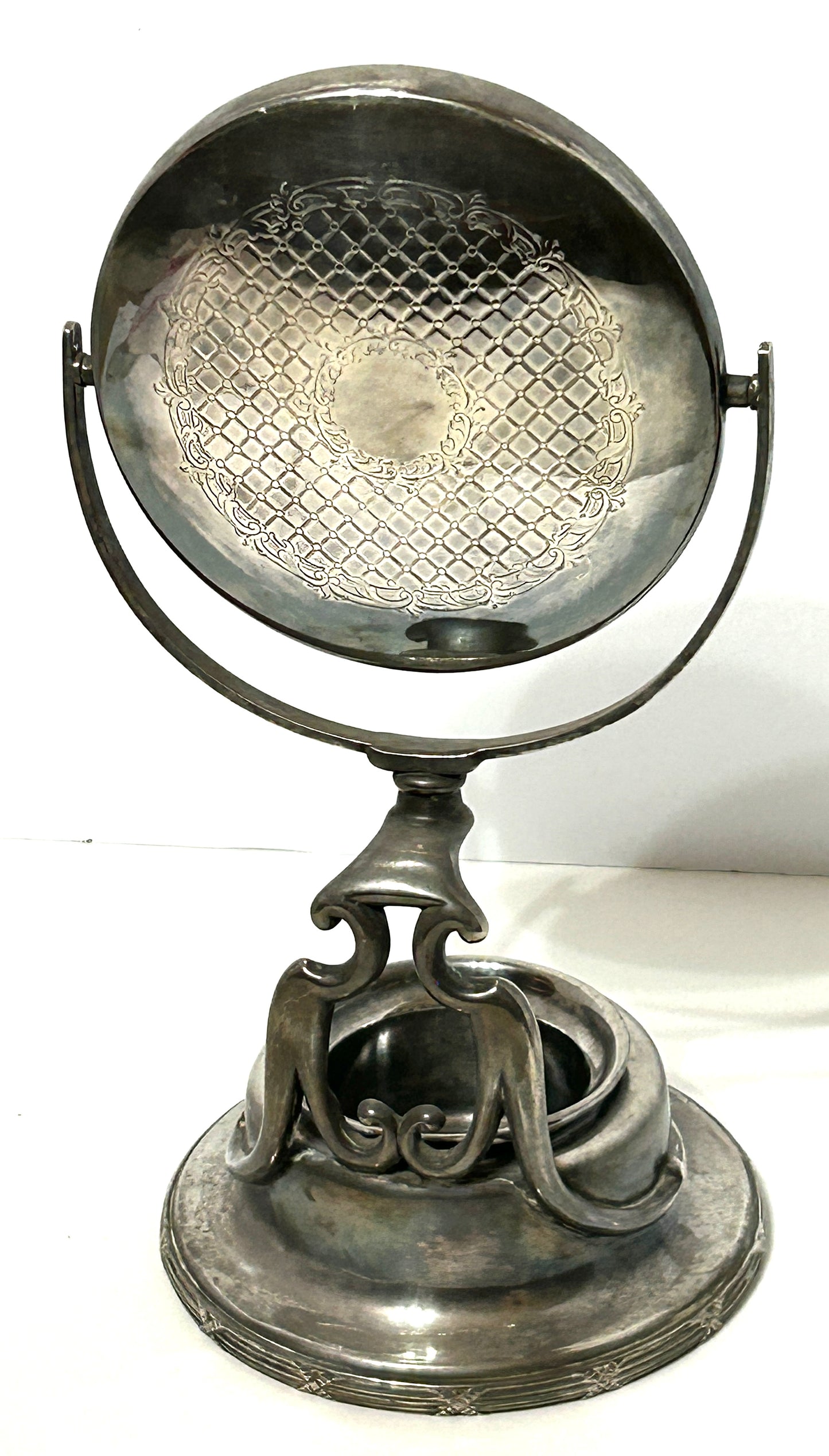 ANTIQUE 1800'S SILVERPLATE SHAVING MIRROR ON STAND
