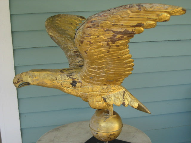 1800'S LARGE COPPER EAGLE WEATHERVANE WITH UNUSUAL FLAT TOP HEAD