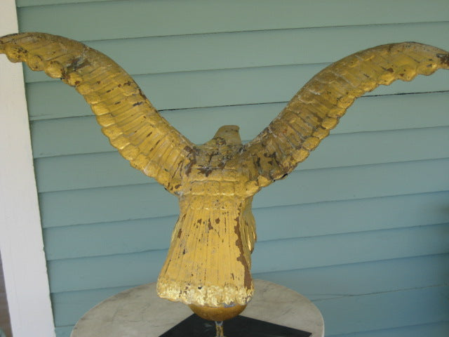 1800'S LARGE COPPER EAGLE WEATHERVANE WITH UNUSUAL FLAT TOP HEAD