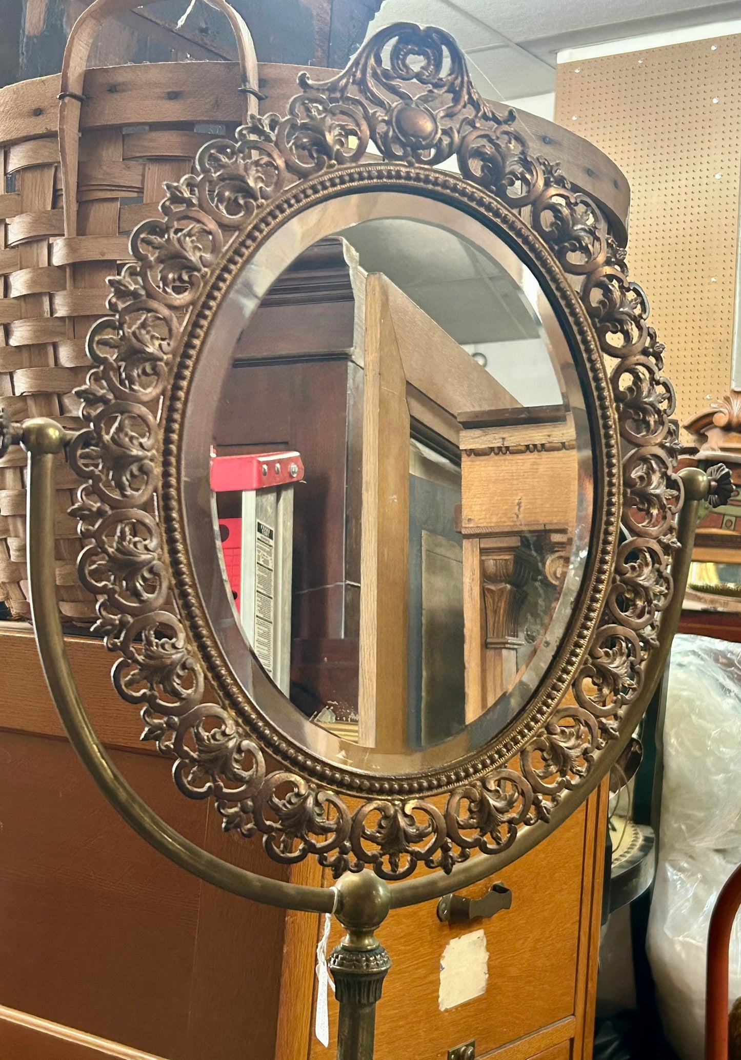 ANTIQUE FLOOR SHAVING MIRROR BRASS STAND