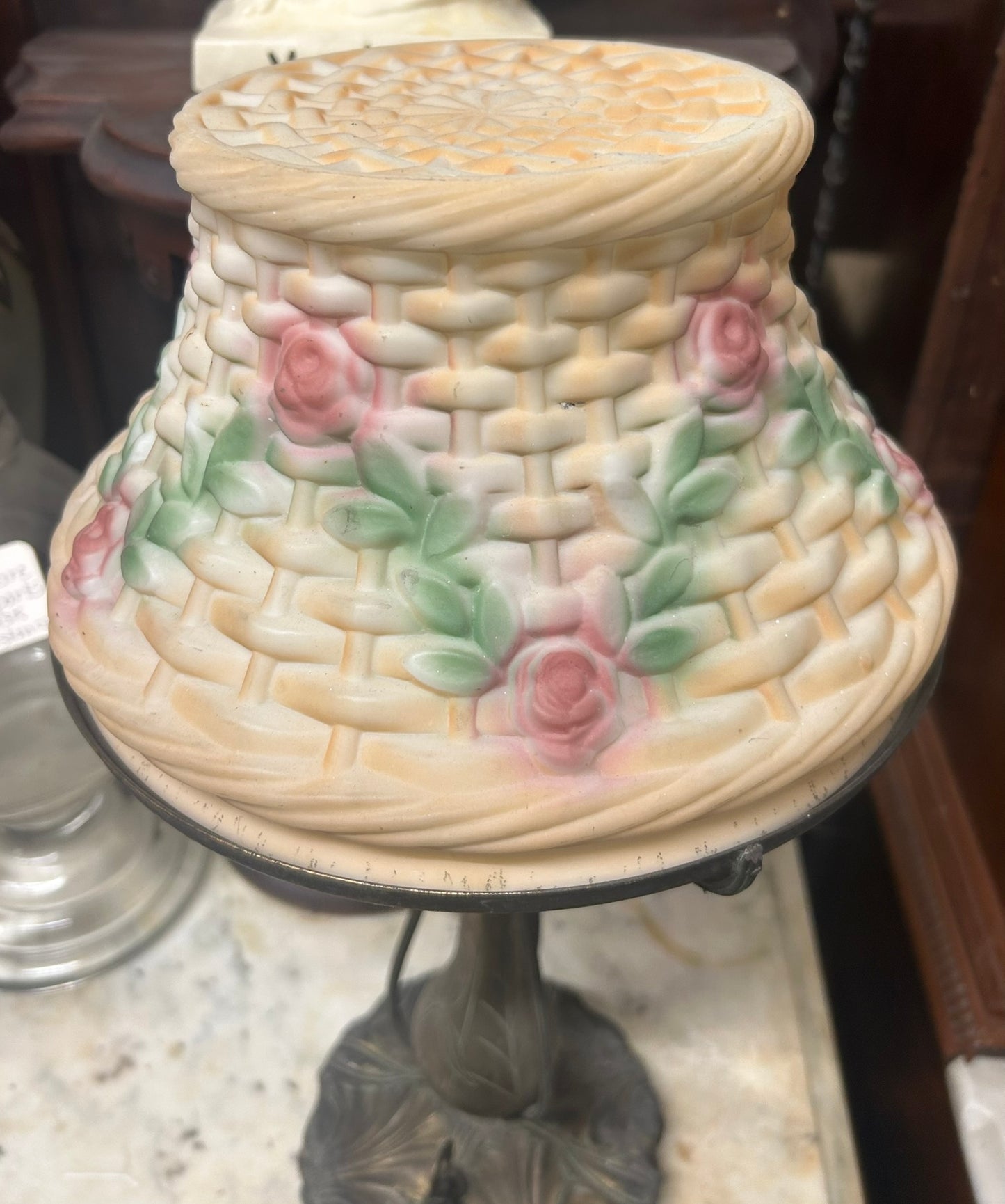 ANTIQUE LAMP WITH BASKET DESIGN GLASS SHADE