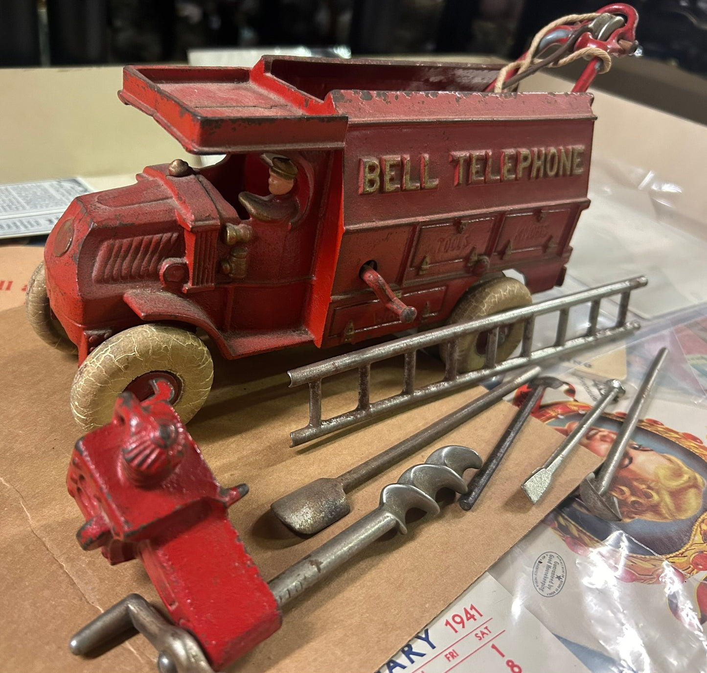 RED HUBLEY BELL TELEPHON CAST IRON TOY TRUCK