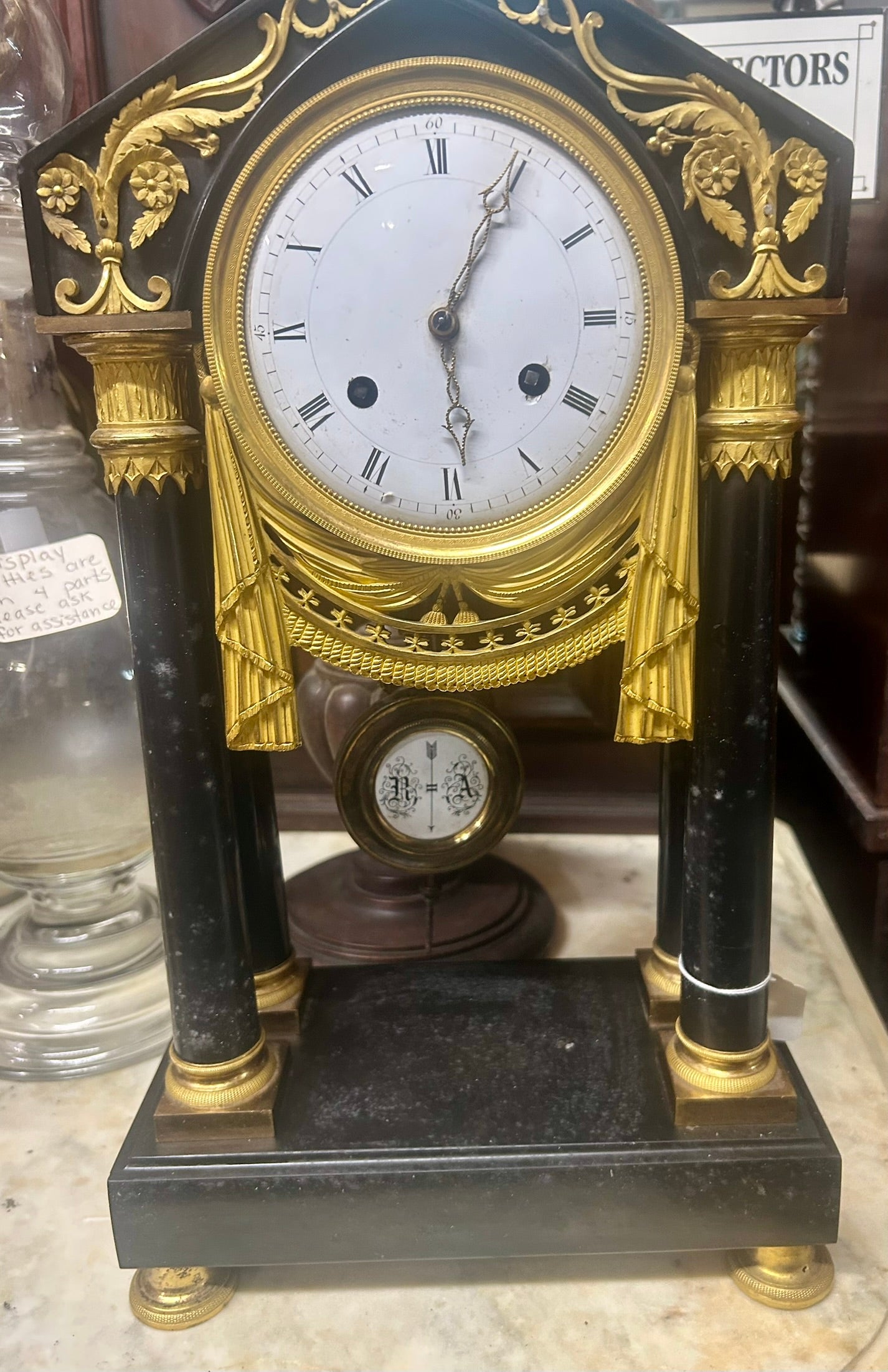 ANTIQUE SLATE 1800'S PORTICO CLOCK