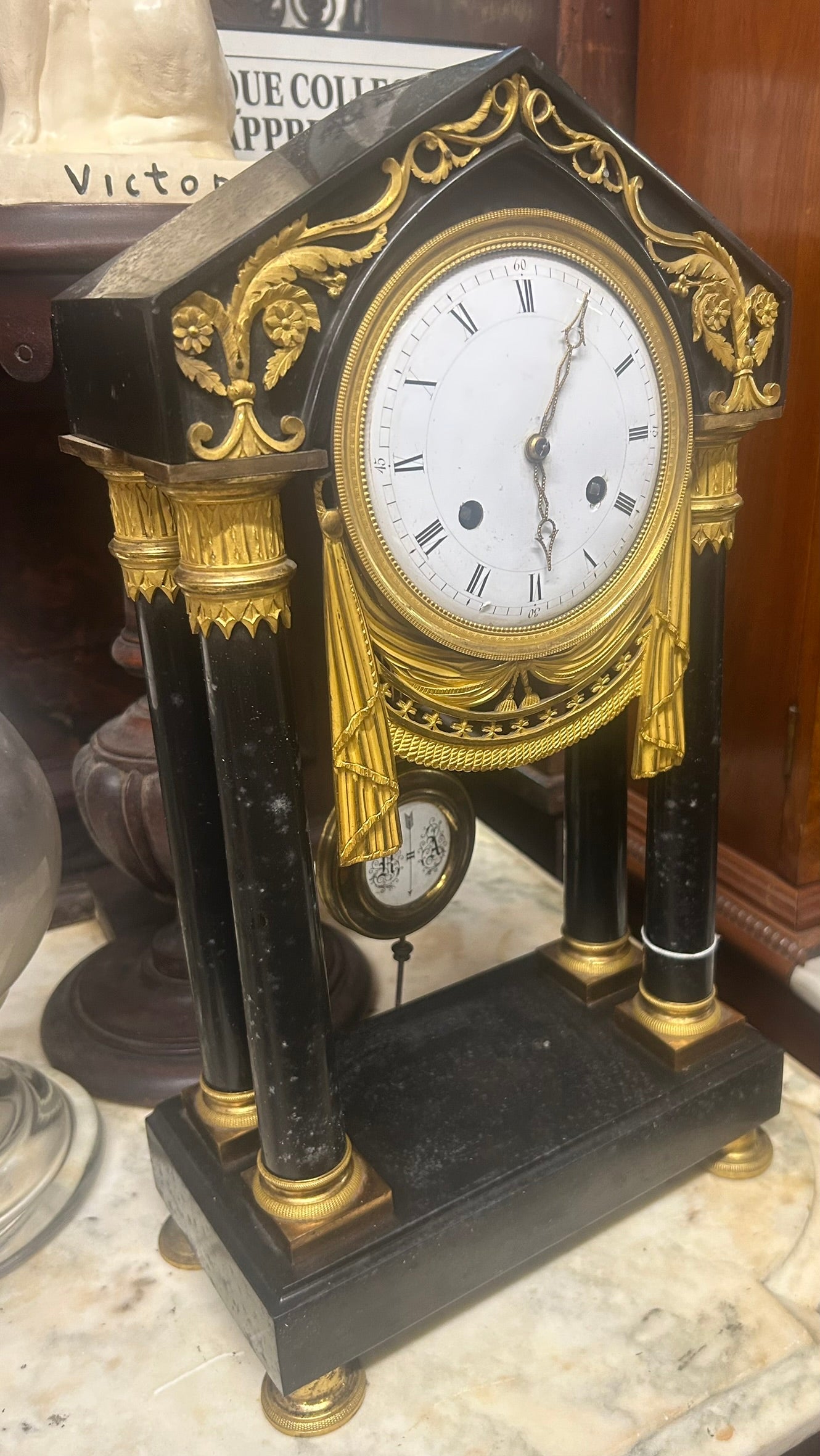 ANTIQUE SLATE 1800'S PORTICO CLOCK