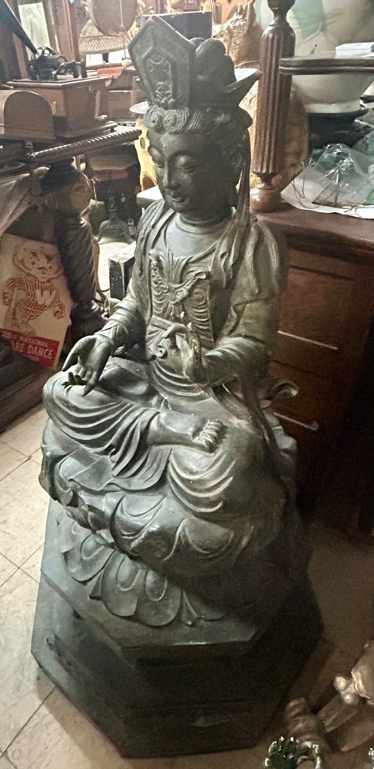LARGE ANTIQUE JAPANESE BRONZE FIGURE OF GODDESS OF MERCY