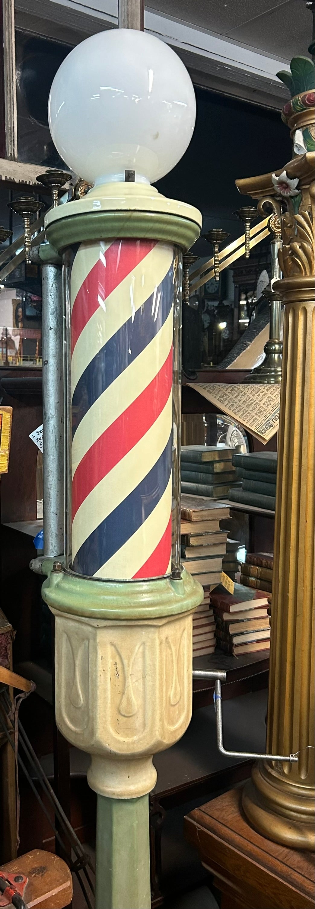 ANTIQUE WIND UP FLOOR MODEL BARBER POLE