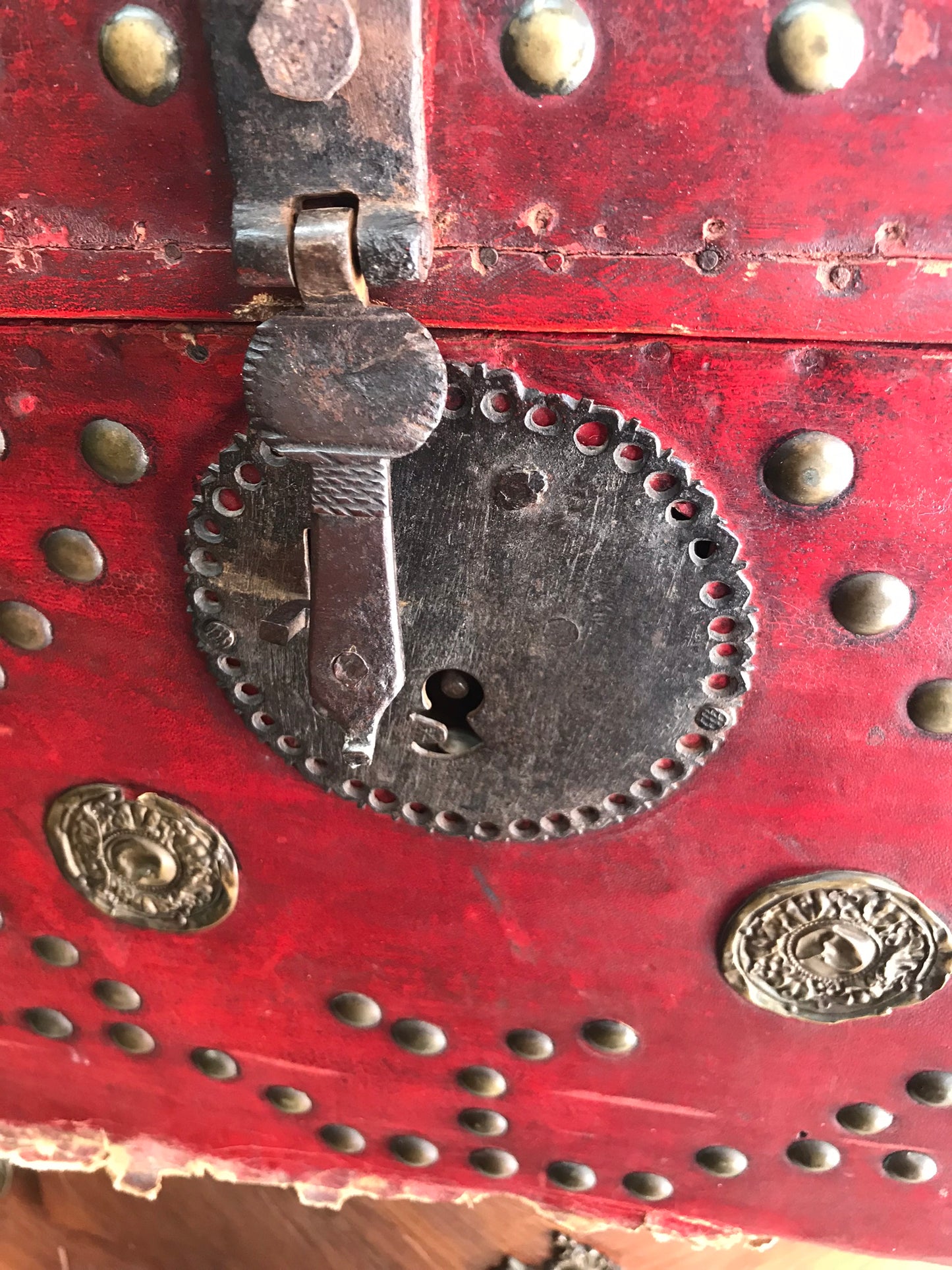 1700'S RED LEATHER TRUNK