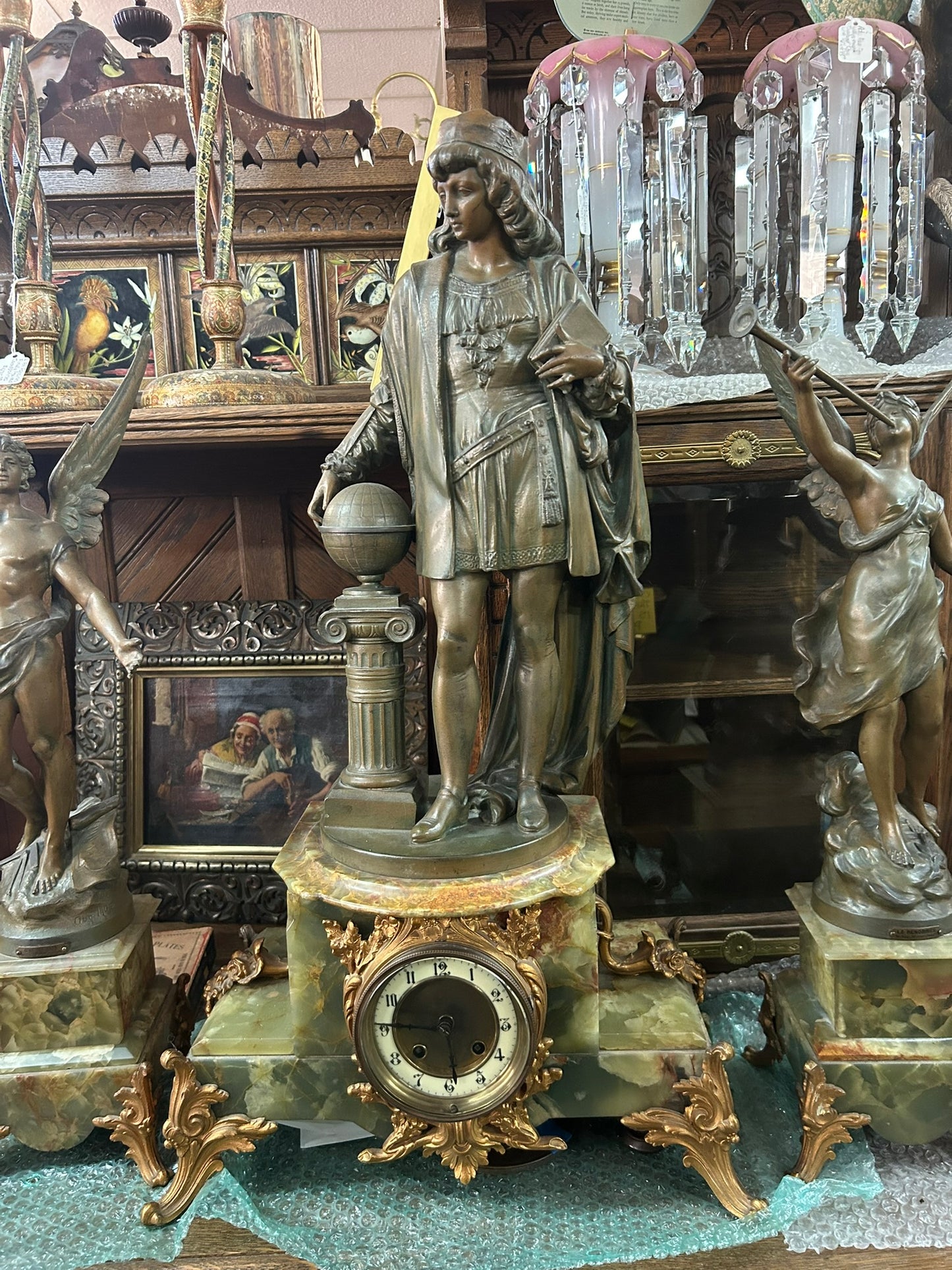 ANTIQUE LARGE THREE PIECE FIGURAL CLOCK SET FOR SALE