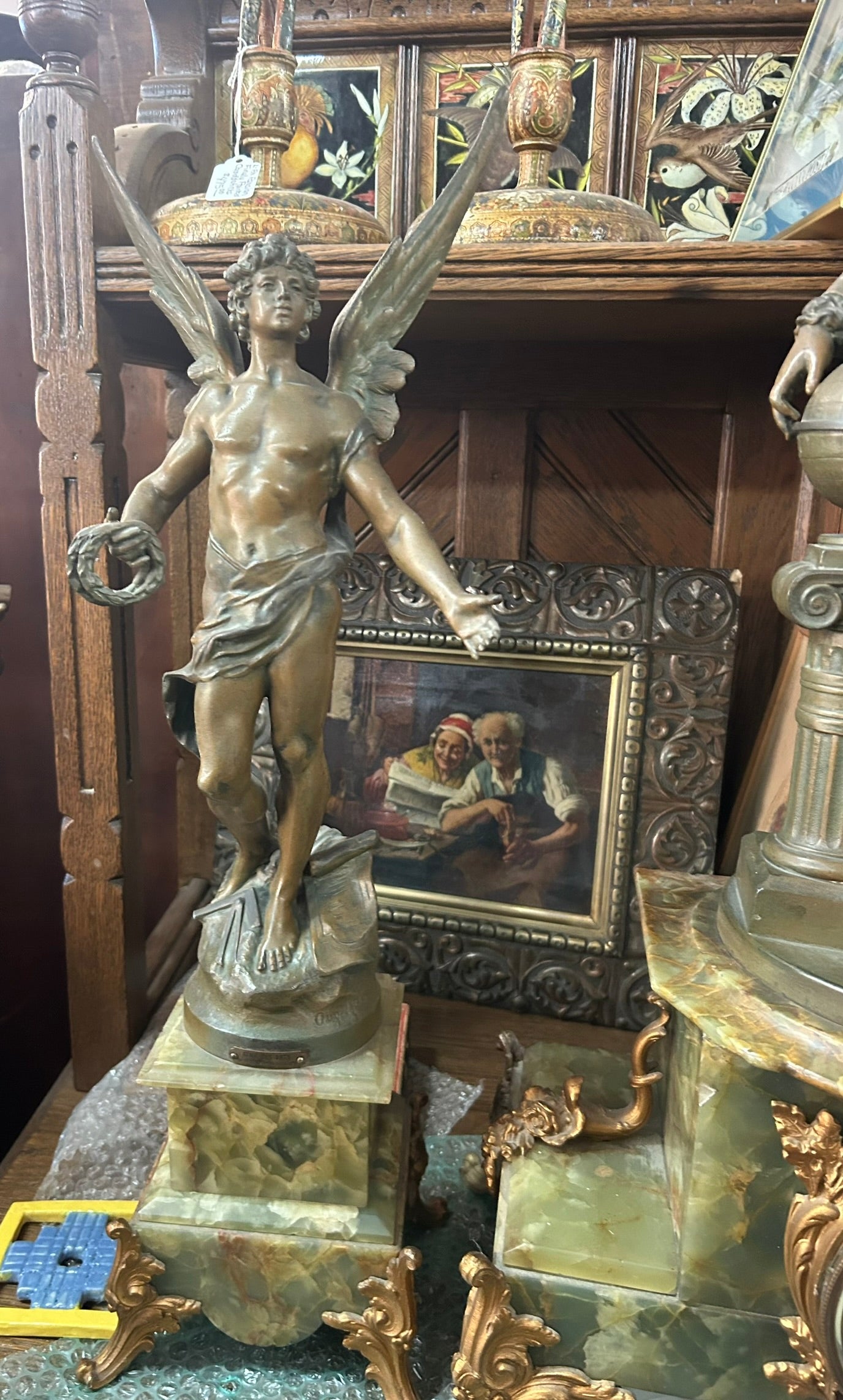 ANTIQUE LARGE THREE PIECE FIGURAL CLOCK SET FOR SALE