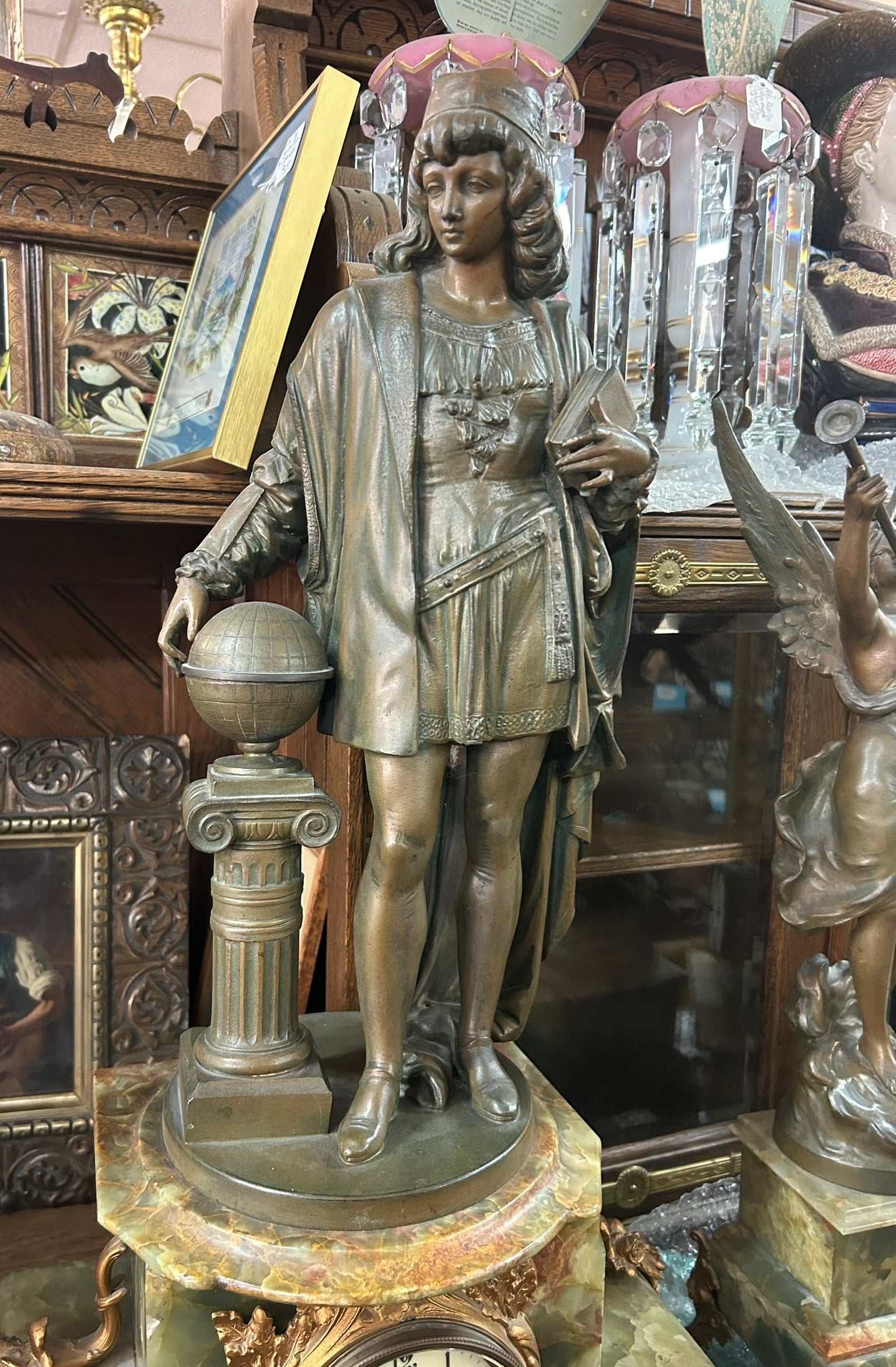 ANTIQUE LARGE THREE PIECE FIGURAL CLOCK SET FOR SALE