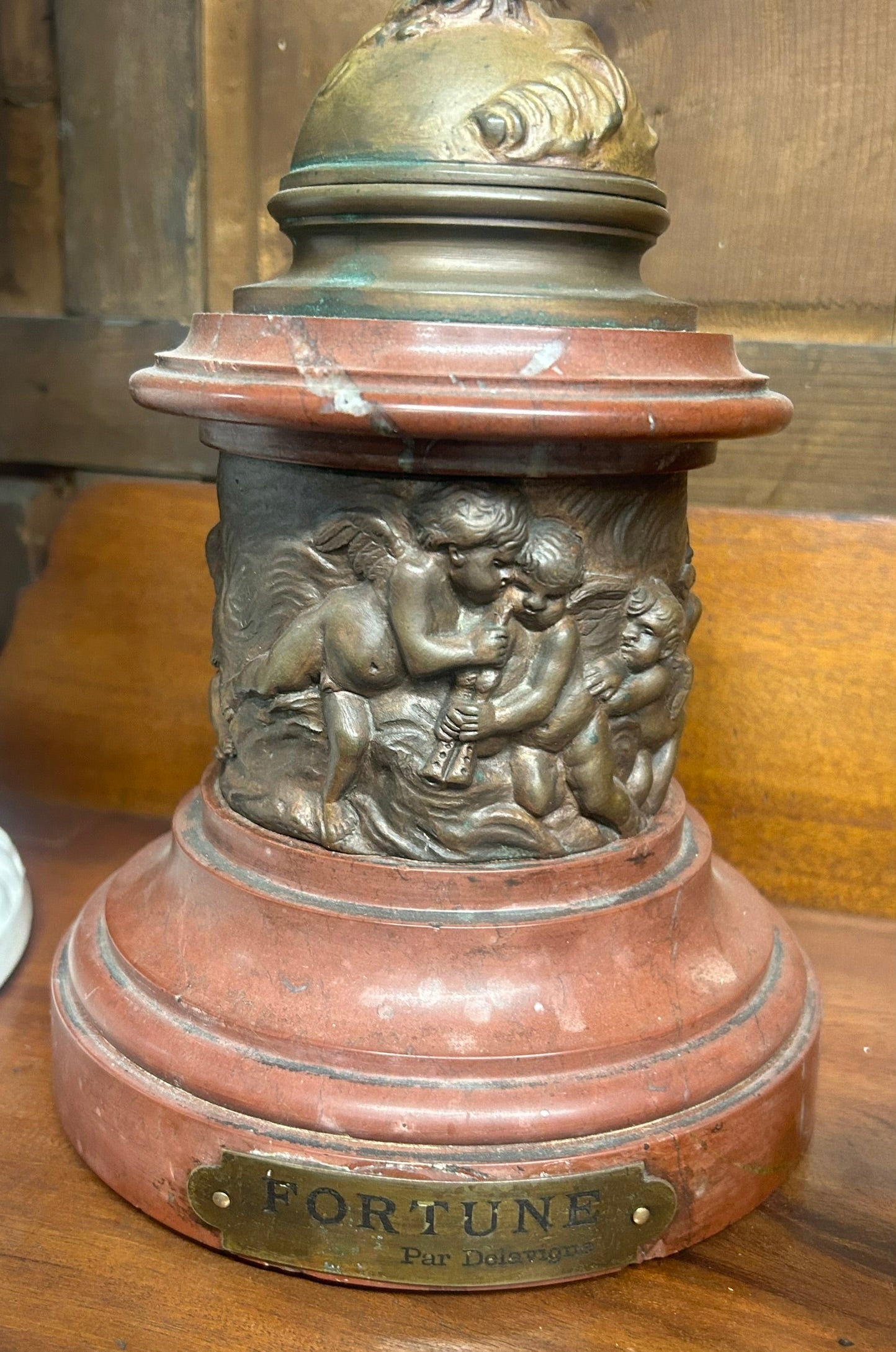 ANTIQUE BRONZE AND MARBLE STATUE OF "FORTUNE"