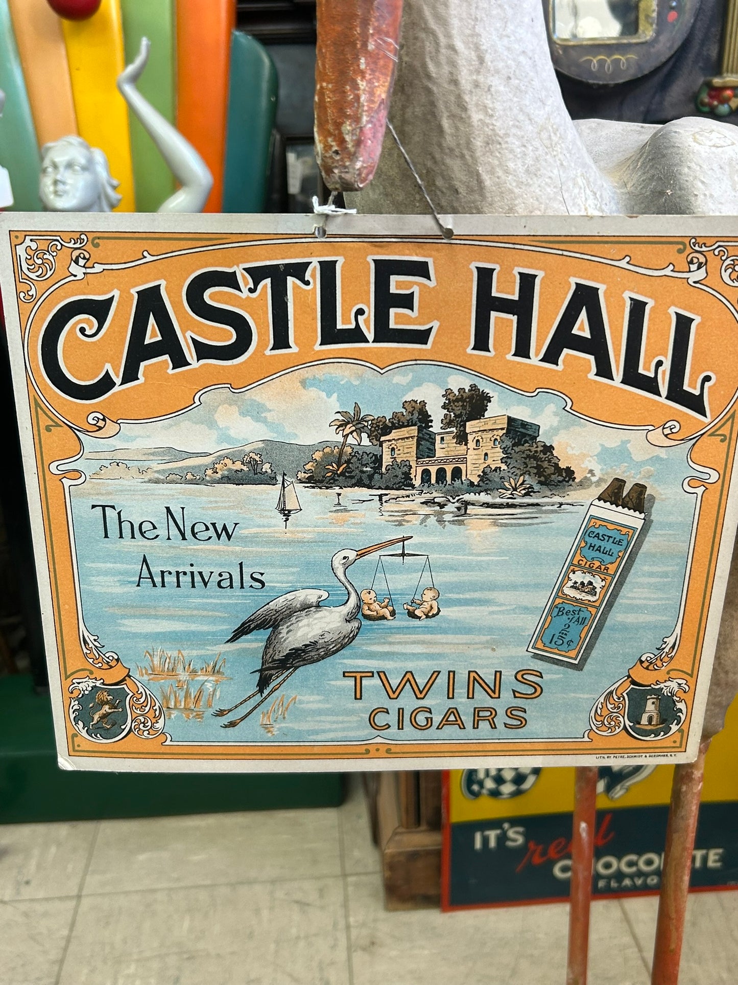ANTIQUE CASTLE HALL TWINS CIGARS FIGURAL STORK