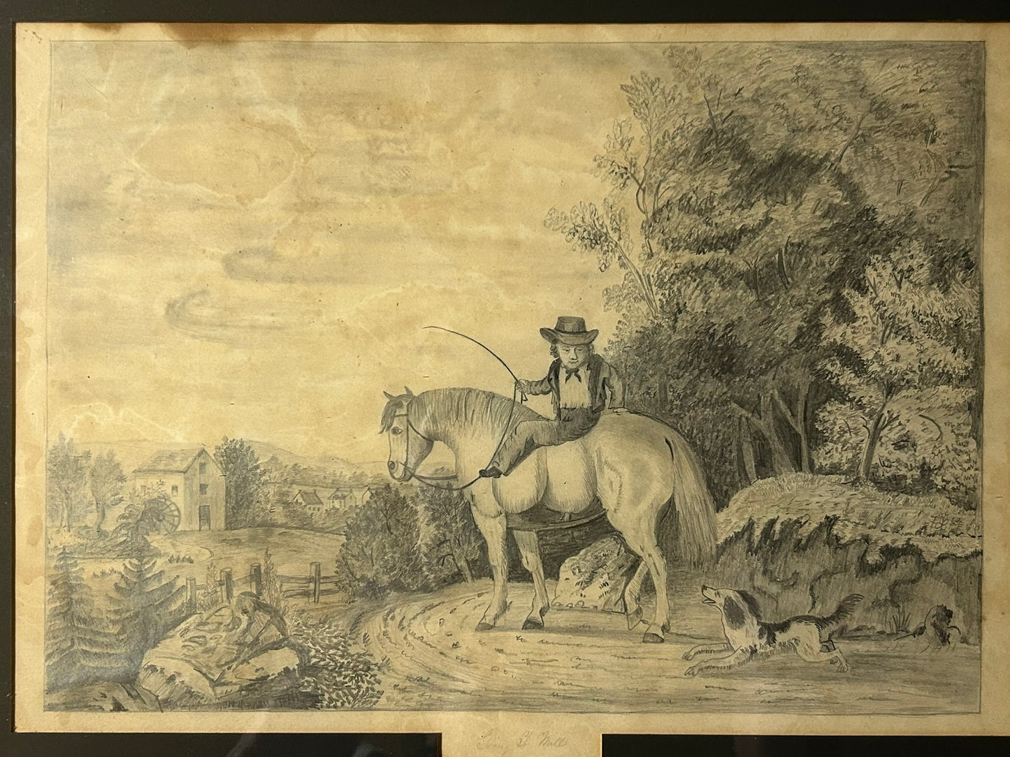 ANTIQUE FOLK ART DRAWING OF HORSE AND RIDER