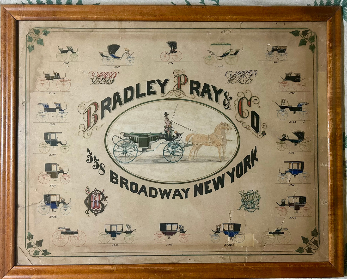 ANTIQUE SIGN FOR HORSE DRAWN CARRIAGES FOR BRADLEY PRAY & CO. NEW YORK 1870