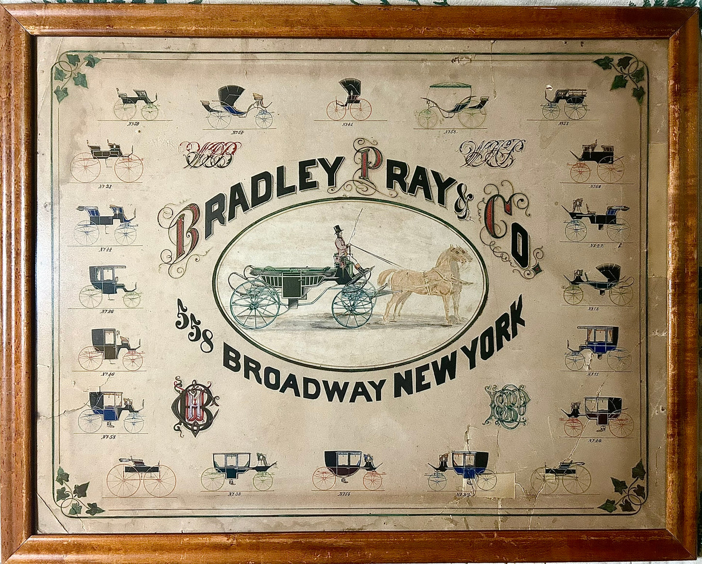 ANTIQUE SIGN FOR HORSE DRAWN CARRIAGES FOR BRADLEY PRAY & CO. NEW YORK 1870