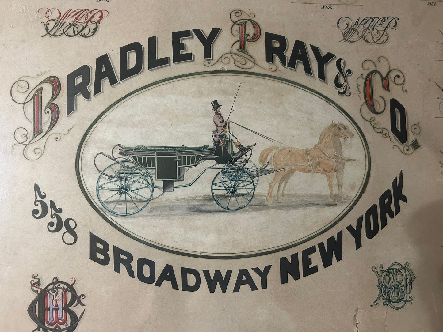 ANTIQUE SIGN FOR HORSE DRAWN CARRIAGES FOR BRADLEY PRAY & CO. NEW YORK 1870