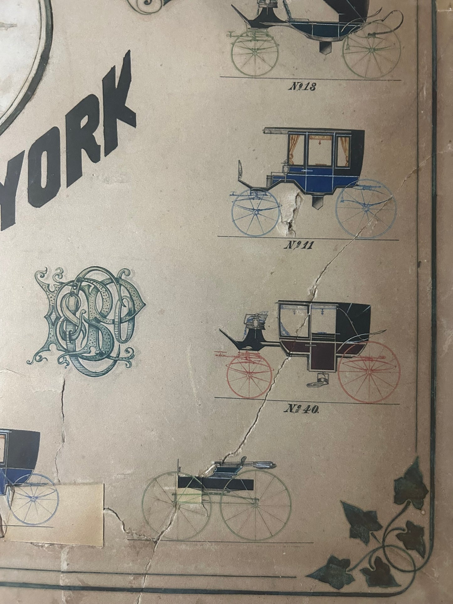 ANTIQUE SIGN FOR HORSE DRAWN CARRIAGES FOR BRADLEY PRAY & CO. NEW YORK 1870