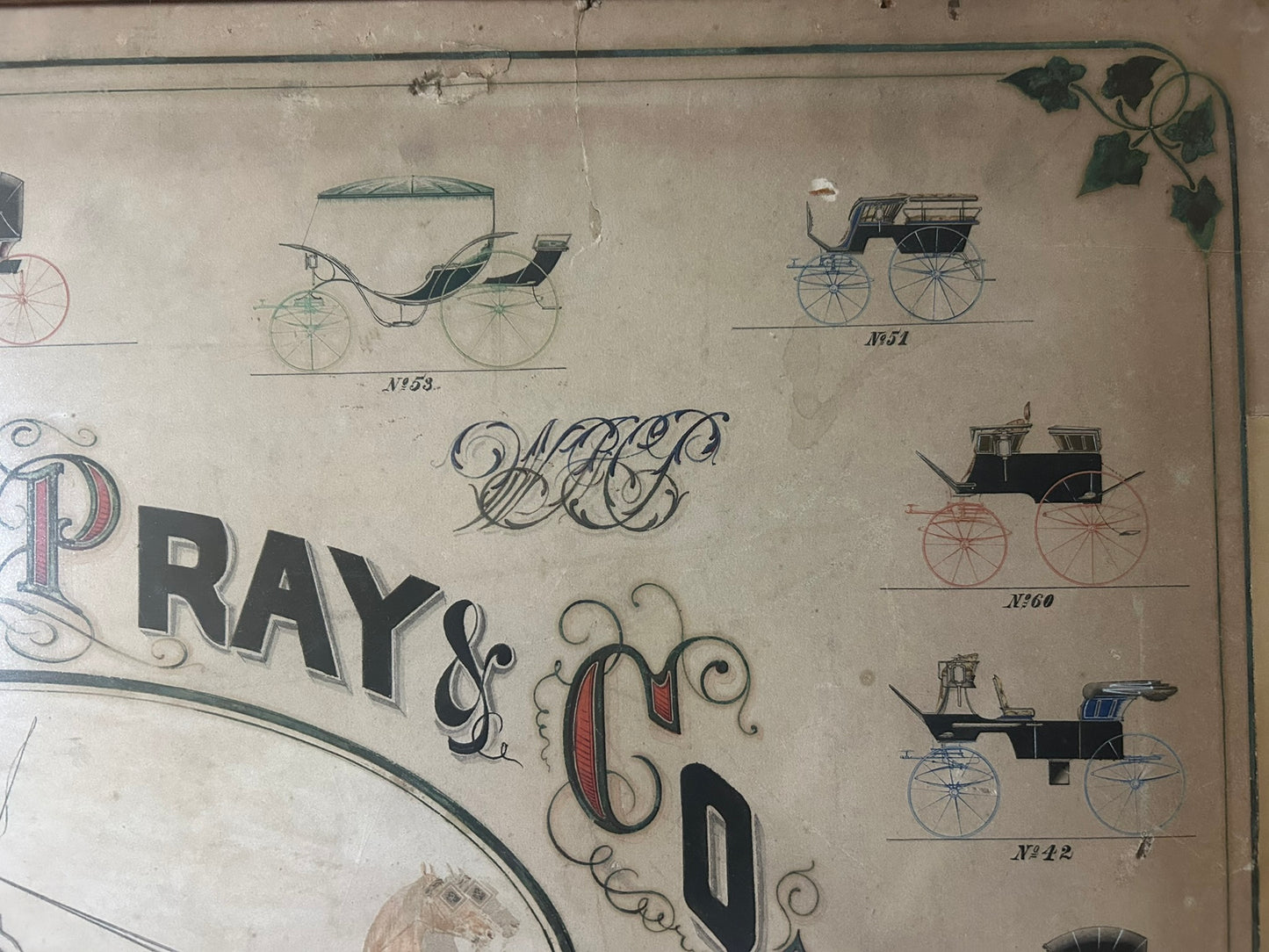 ANTIQUE SIGN FOR HORSE DRAWN CARRIAGES FOR BRADLEY PRAY & CO. NEW YORK 1870