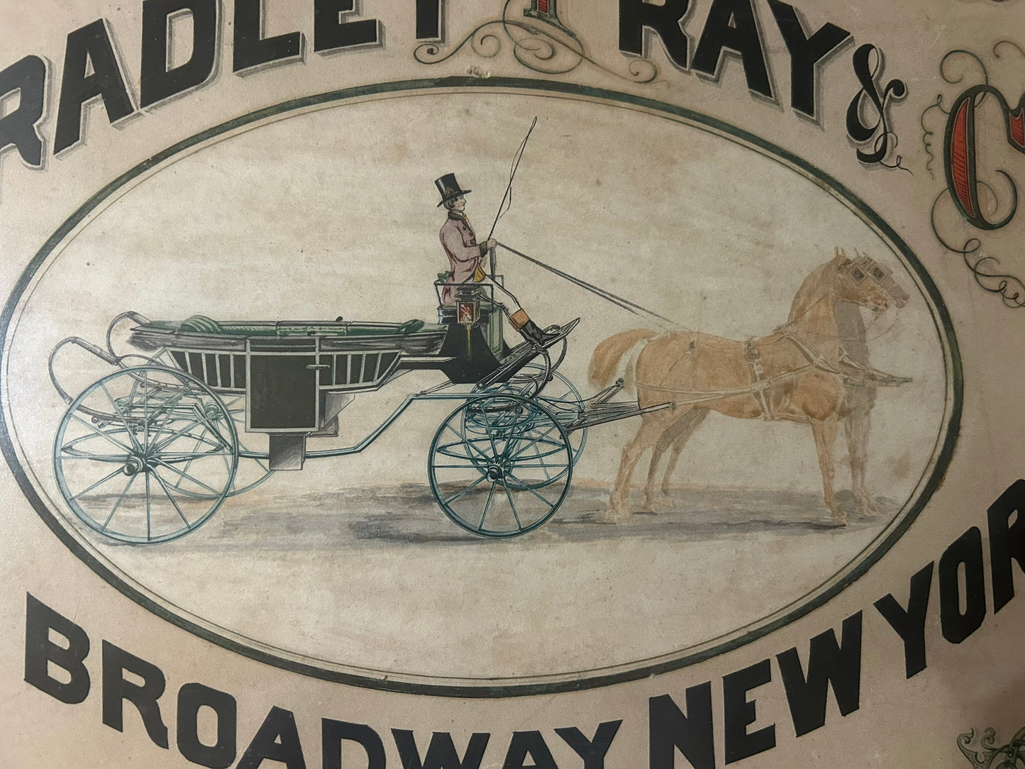 ANTIQUE SIGN FOR HORSE DRAWN CARRIAGES FOR BRADLEY PRAY & CO. NEW YORK 1870