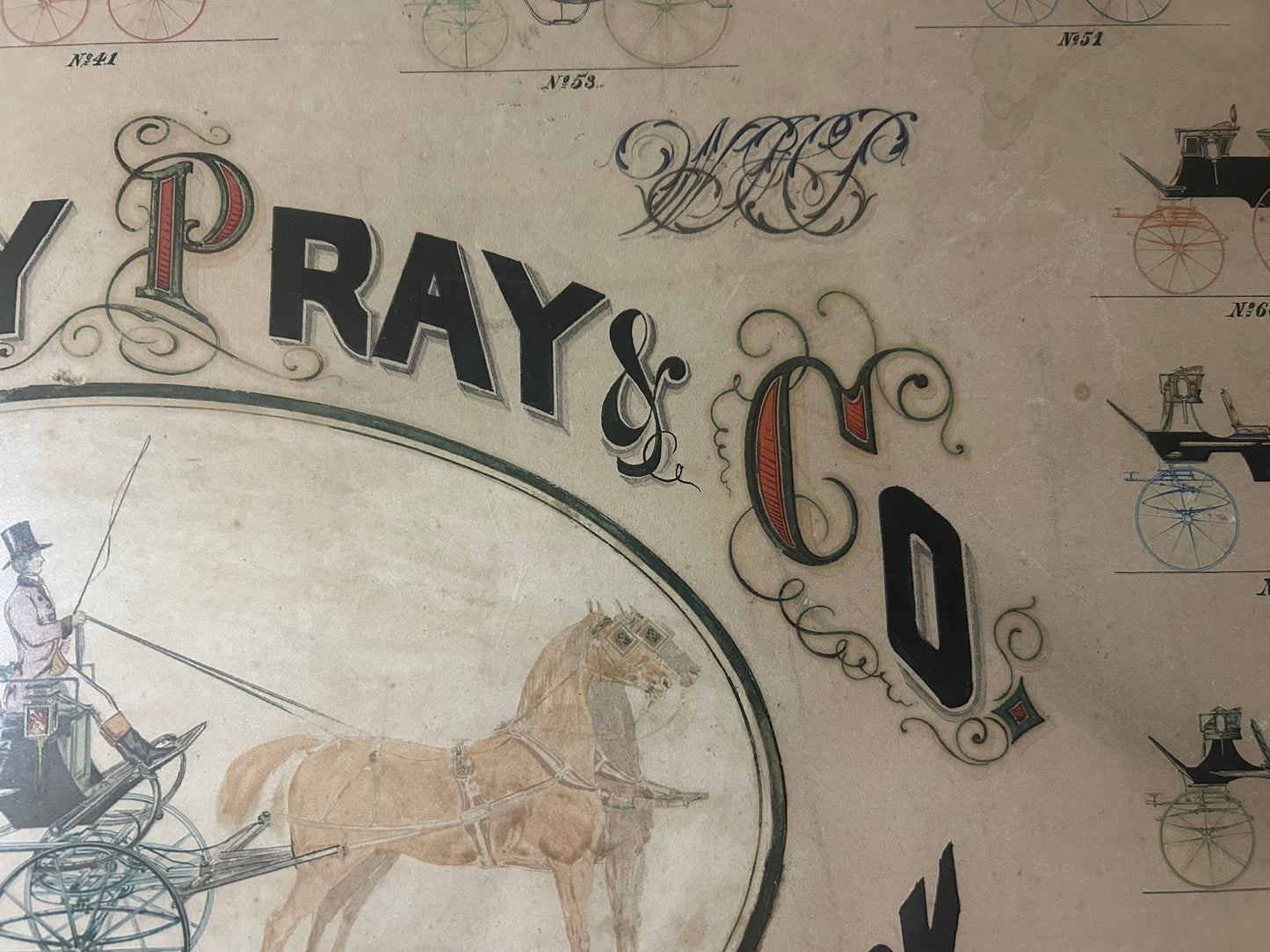 ANTIQUE SIGN FOR HORSE DRAWN CARRIAGES FOR BRADLEY PRAY & CO. NEW YORK 1870