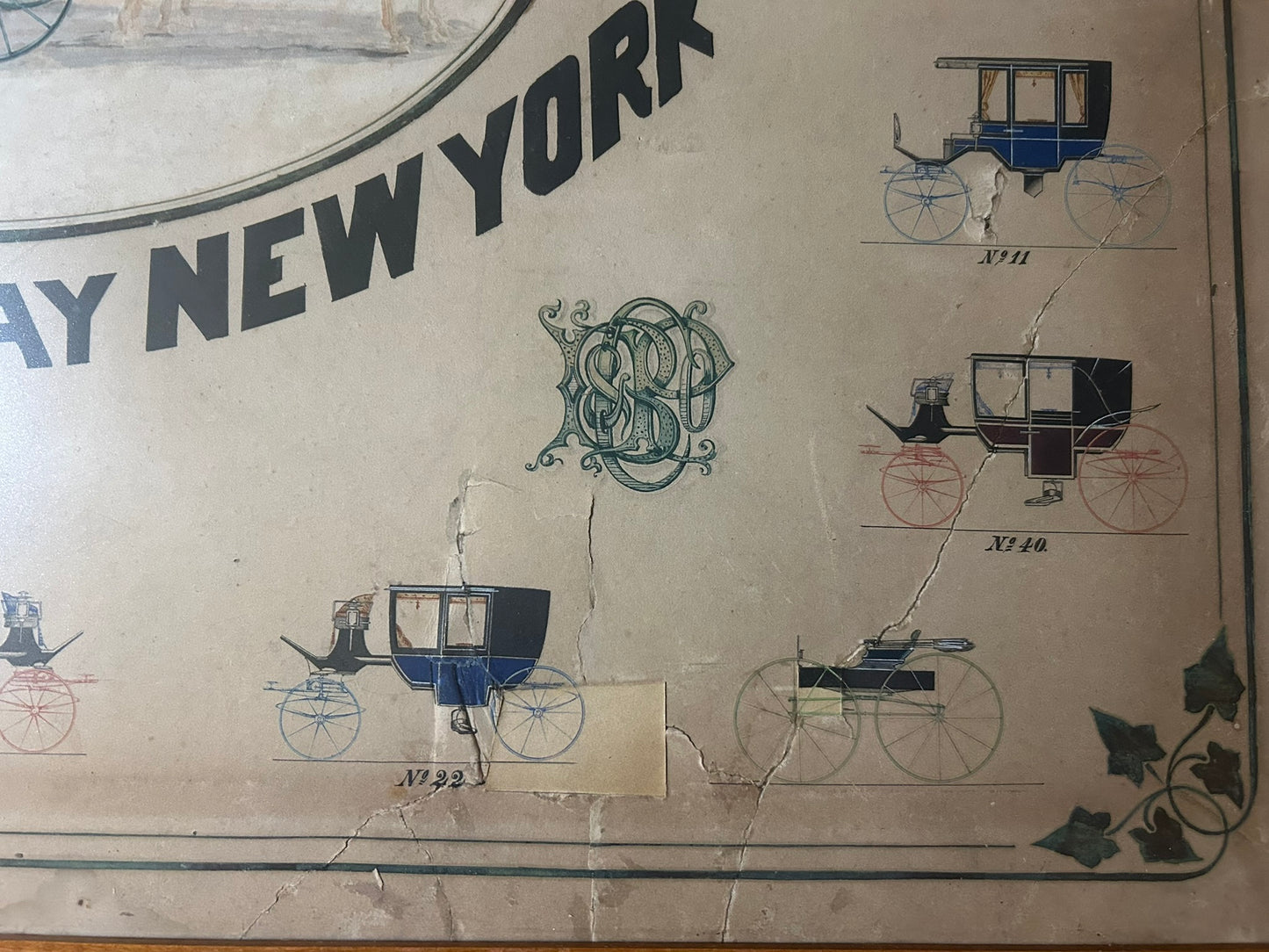 ANTIQUE SIGN FOR HORSE DRAWN CARRIAGES FOR BRADLEY PRAY & CO. NEW YORK 1870