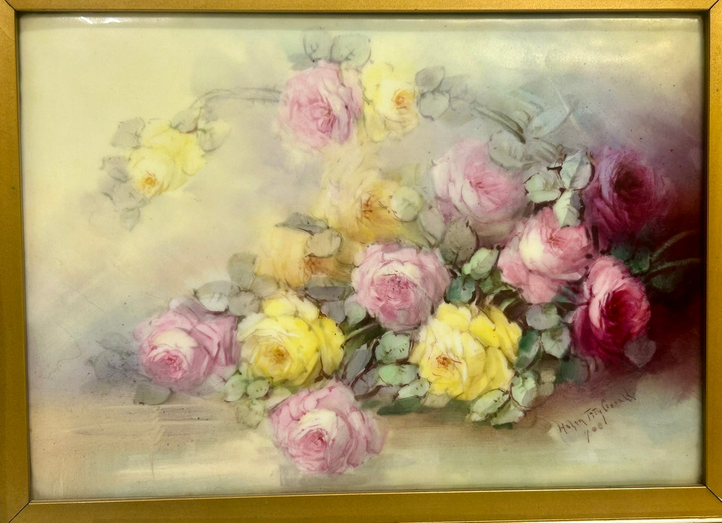 PORCELAIN HAND PAINTED ANTIQUE FLORAL PLAQUE
