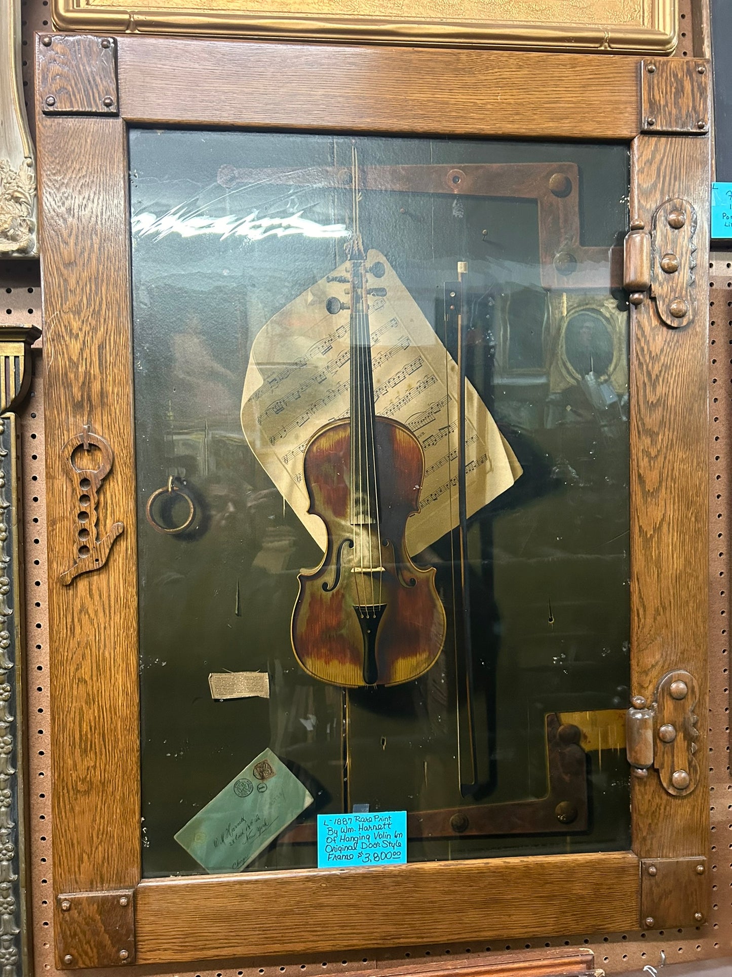 WM. HARNETT RARE 1887 VIOLIN STILL LIFE PRINT IN ORIGINAL DOOR DESIGN WOODEN FRAME