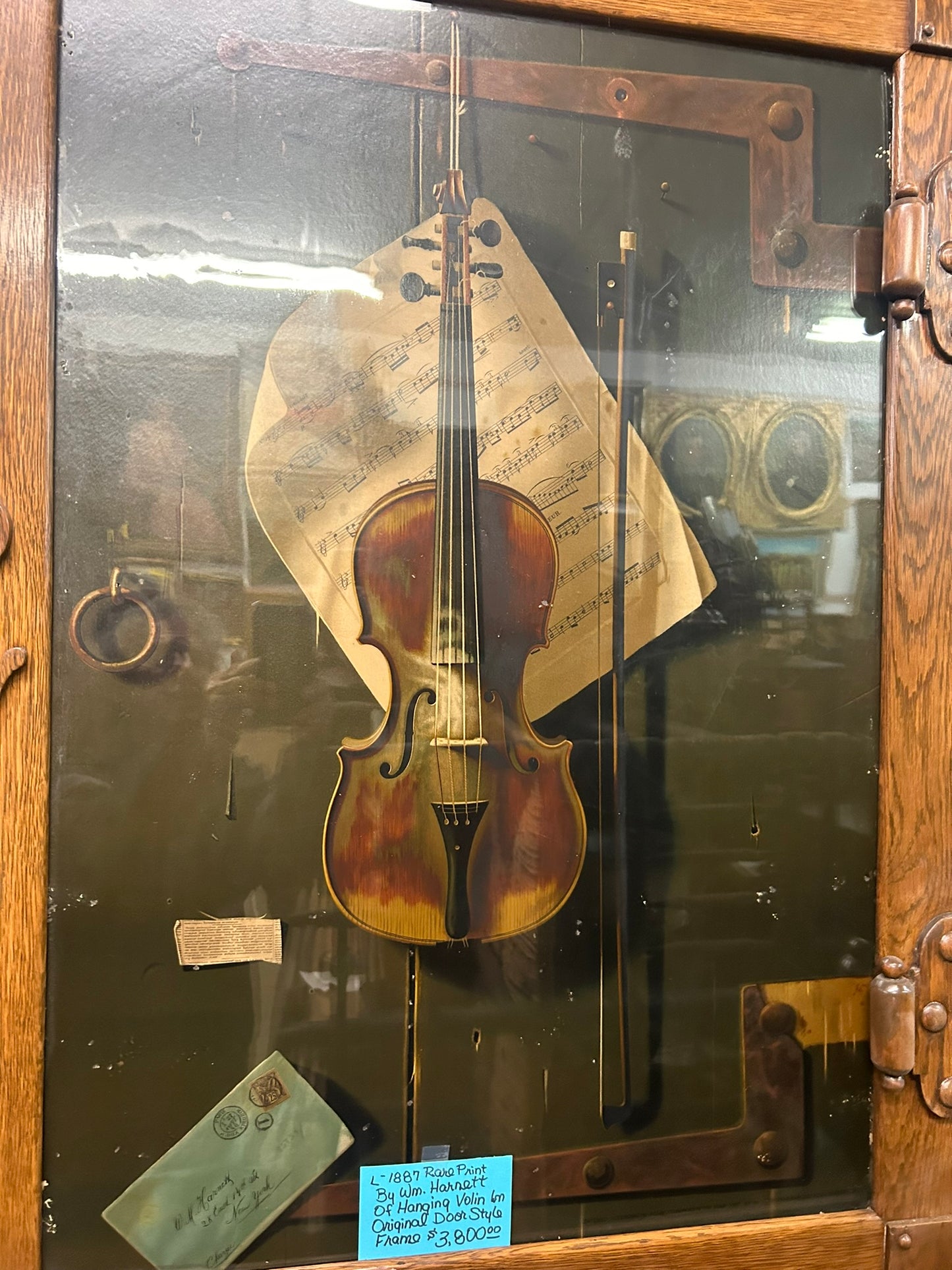 WM. HARNETT RARE 1887 VIOLIN STILL LIFE PRINT IN ORIGINAL DOOR DESIGN WOODEN FRAME