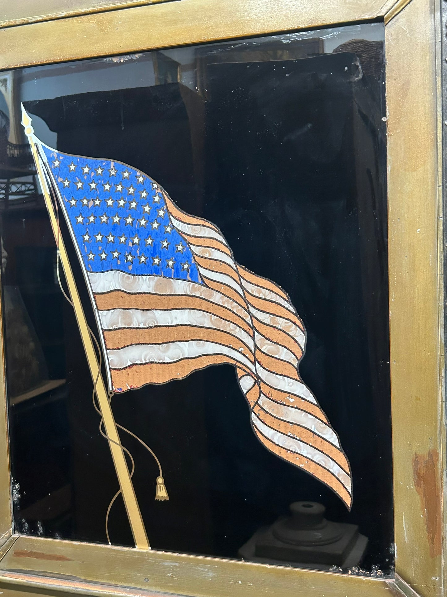 ANTIQUE REVERSE PAINTED FLAG PICTURE IN PATRIOTIC FRAME