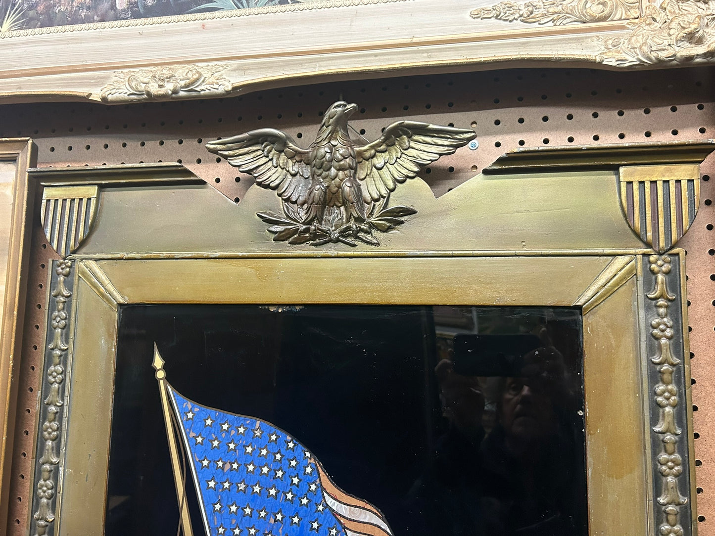 ANTIQUE REVERSE PAINTED FLAG PICTURE IN PATRIOTIC FRAME
