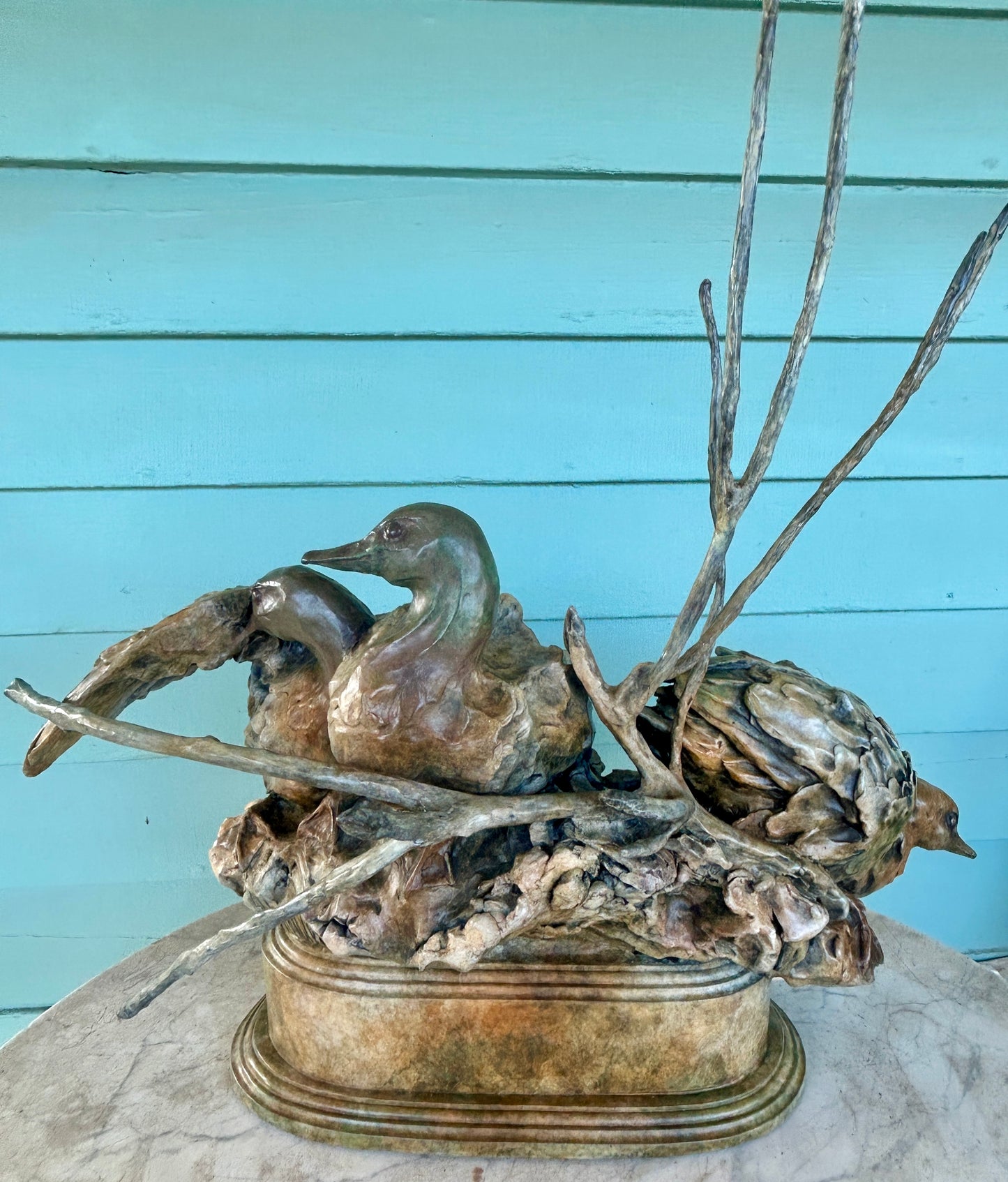 SHERRY SANDER BRONZE SCULPTURE OF THREE DUCKS