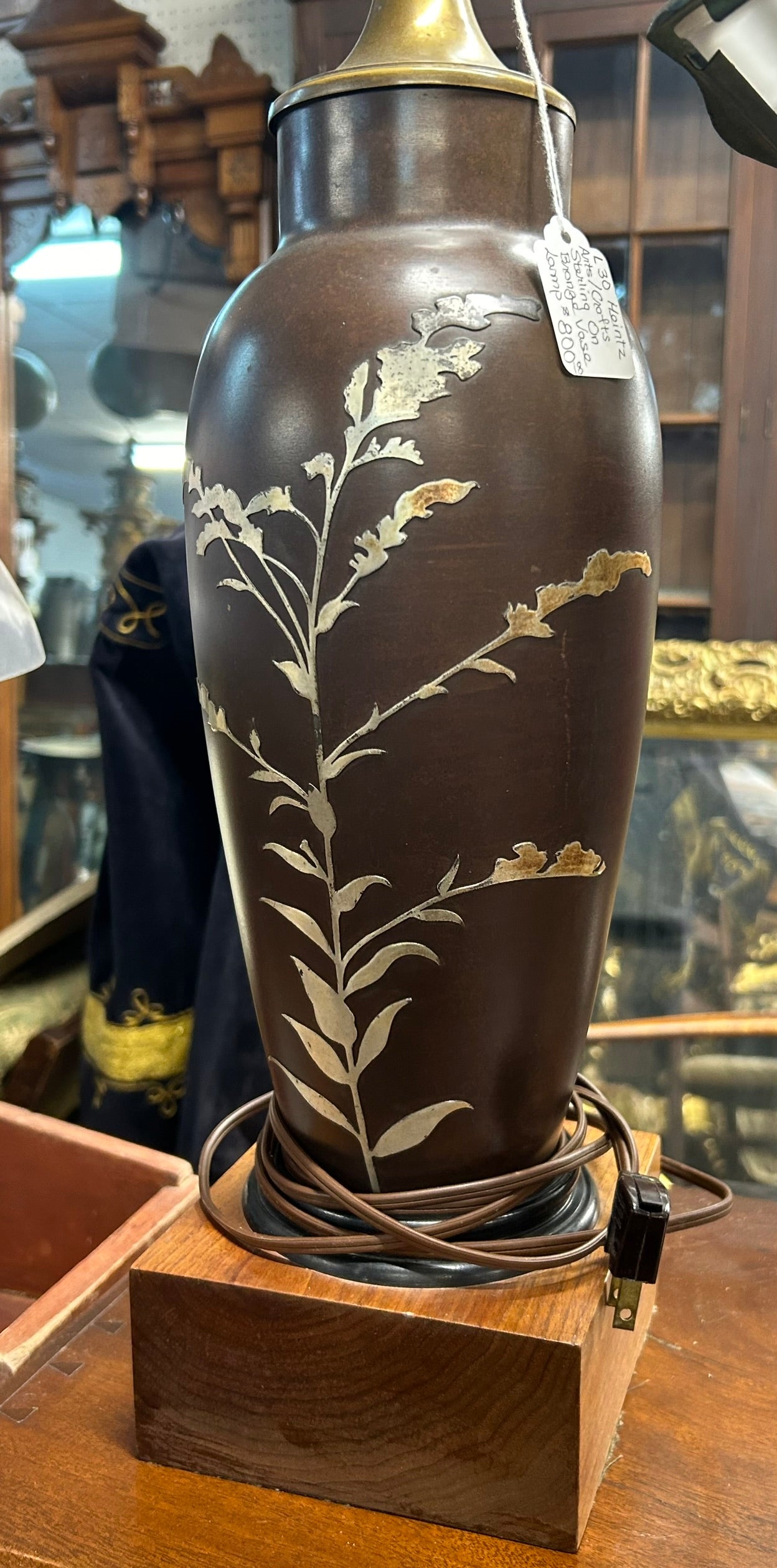 HEINZ ARTS AND CRAFTS STERLING ON BRONZE LAMP