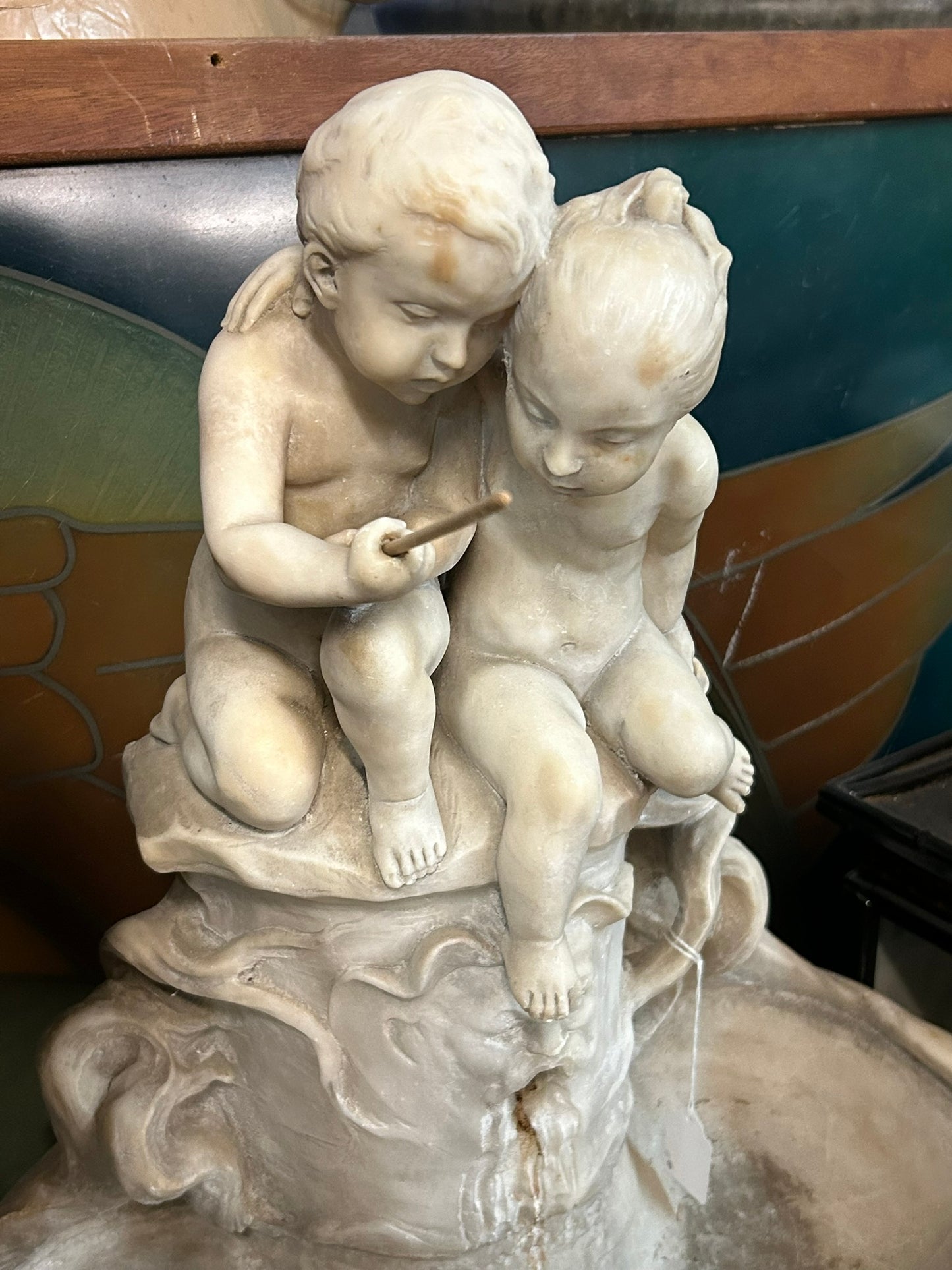 ANTIQUE MARBLE SMALL FOUNTAIN WITH BOY AND GIRL FISHING