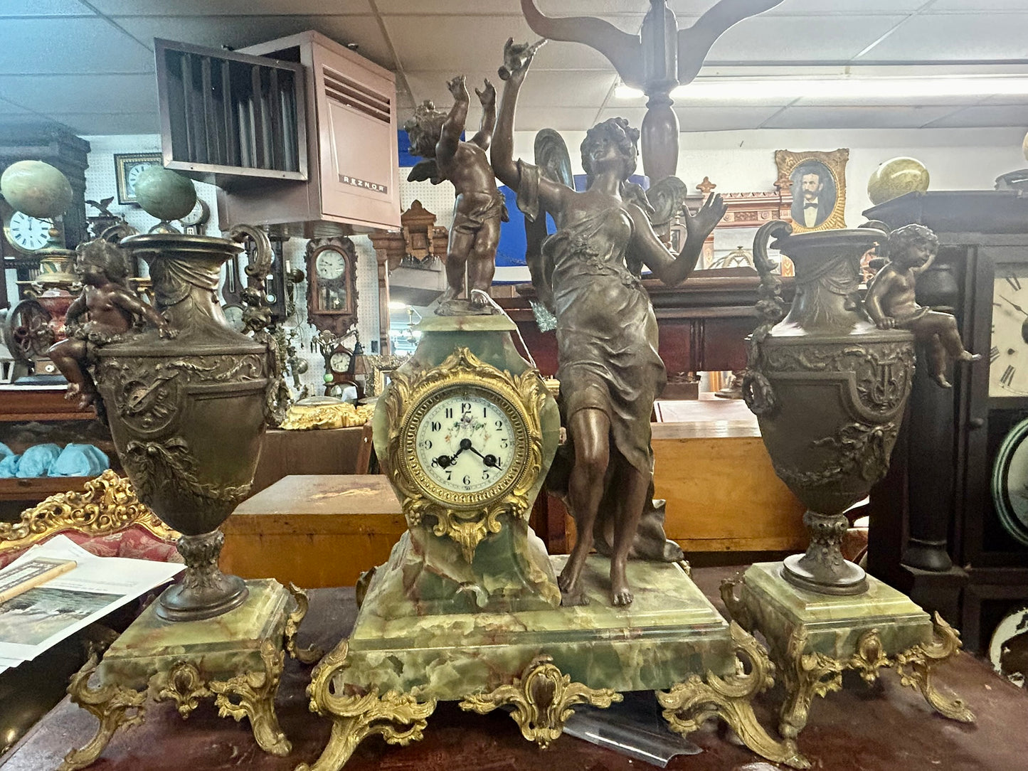 LARGE ANTIQUE FRENCH 3 PIECE STATUE CLOCK SET