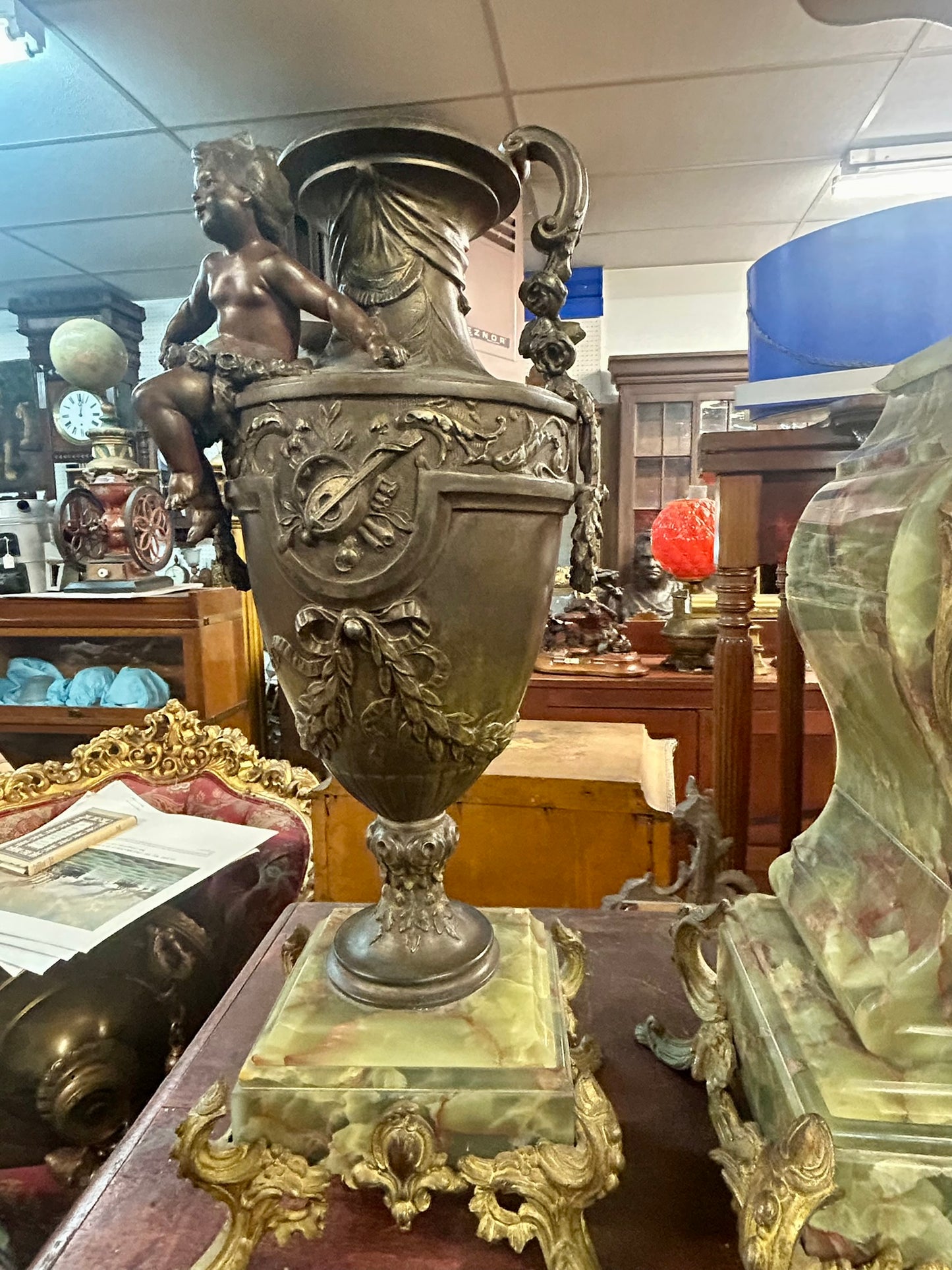 LARGE ANTIQUE FRENCH 3 PIECE STATUE CLOCK SET