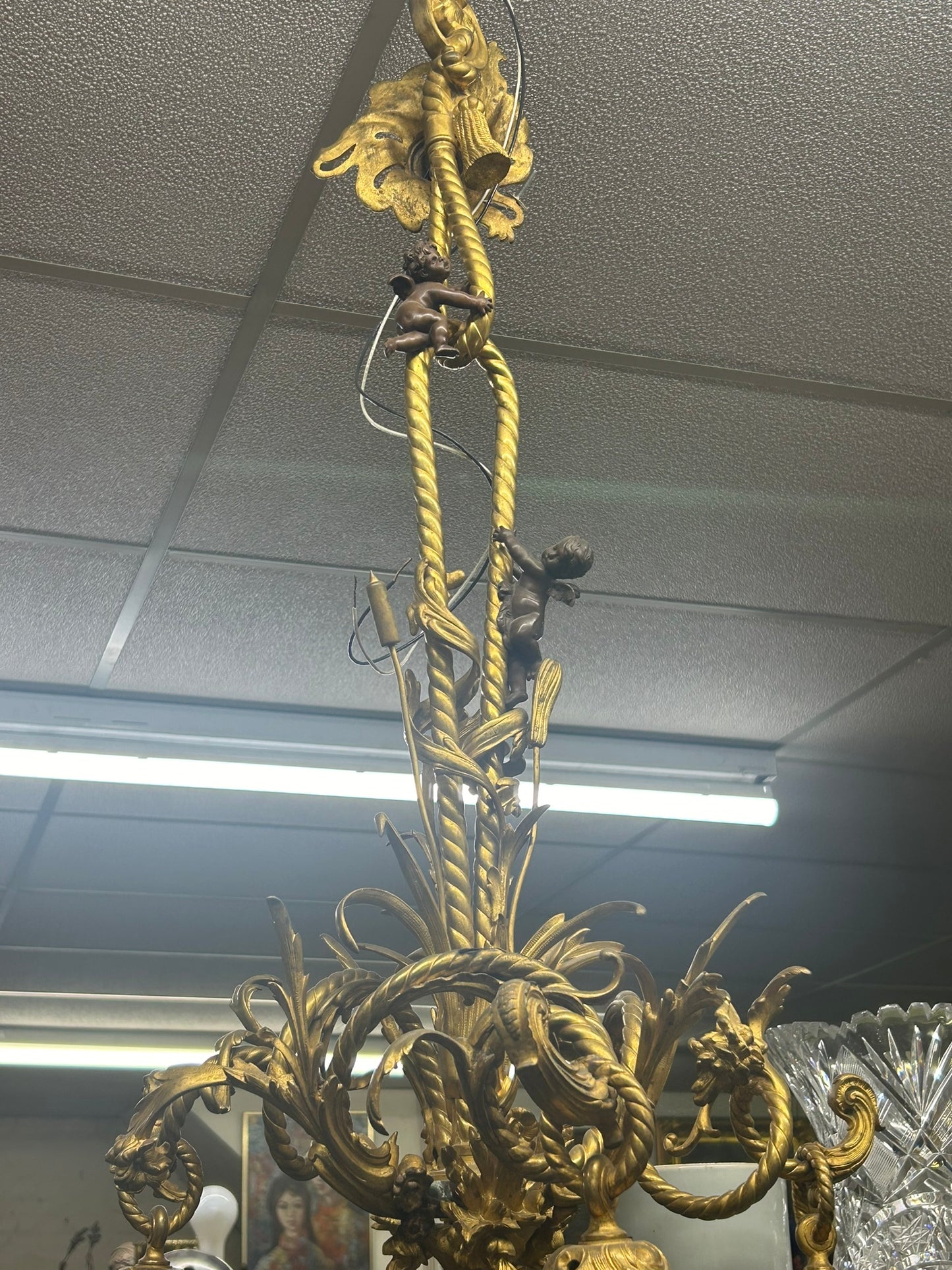 ANTIQUE BRONZE CEILING LIGHT WITH CHERUBS AND ART NOVEAU DESIGN