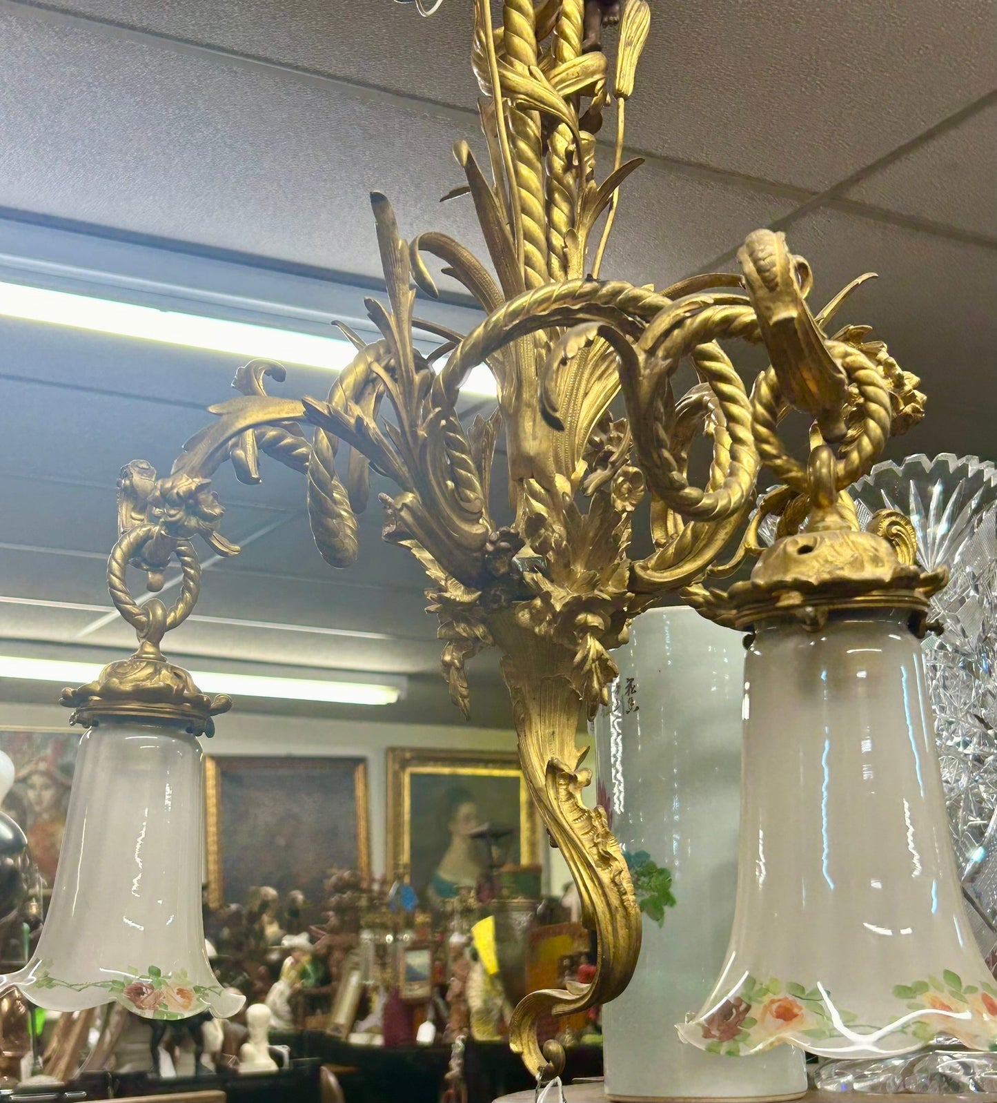 ANTIQUE BRONZE CEILING LIGHT WITH CHERUBS AND ART NOVEAU DESIGN