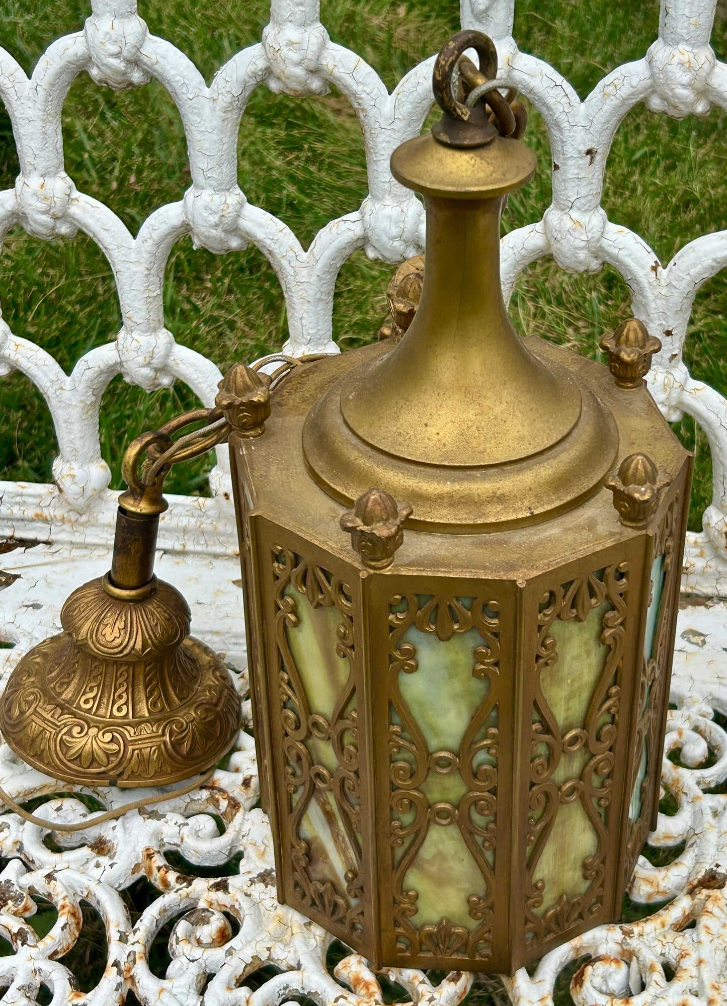 ANTIQUE HANGING SLAG GLASS HALL LAMP