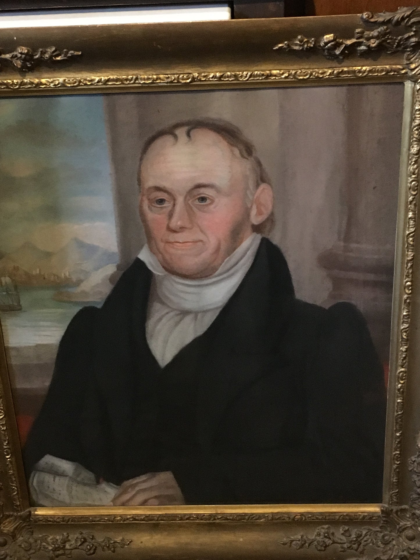 MICAH WILLIAMS ATTRIBUTED ANTIQUE EARLY 1800'S SHIP BUILDER PORTRAIT ALONG WITH HIS LIVERPOOL JUG AND EARLY PILLAR AND SCROLL CLOCK AND HISTORY
