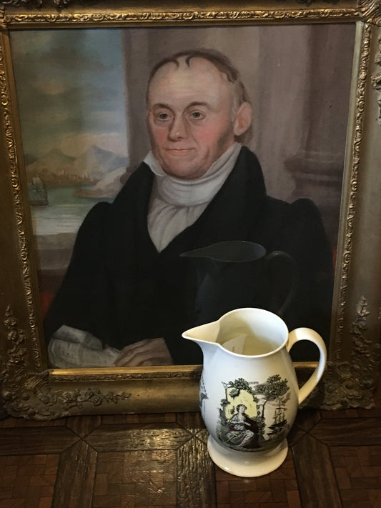 ANTIQUE EARLY 1800'S  SHIP BUILDER PORTRAIT ALONG WITH HIS LIVERPOOL JUG AND EARLY PILLAR AND SCROLL CLOCK AND HISTORY