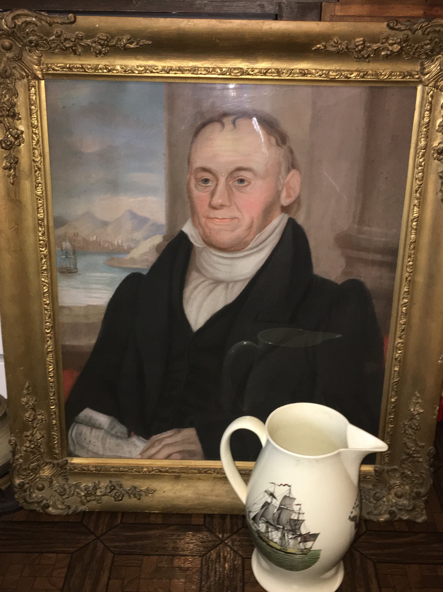 MICAH WILLIAMS ATTRIBUTED ANTIQUE EARLY 1800'S SHIP BUILDER PORTRAIT ALONG WITH HIS LIVERPOOL JUG AND EARLY PILLAR AND SCROLL CLOCK AND HISTORY